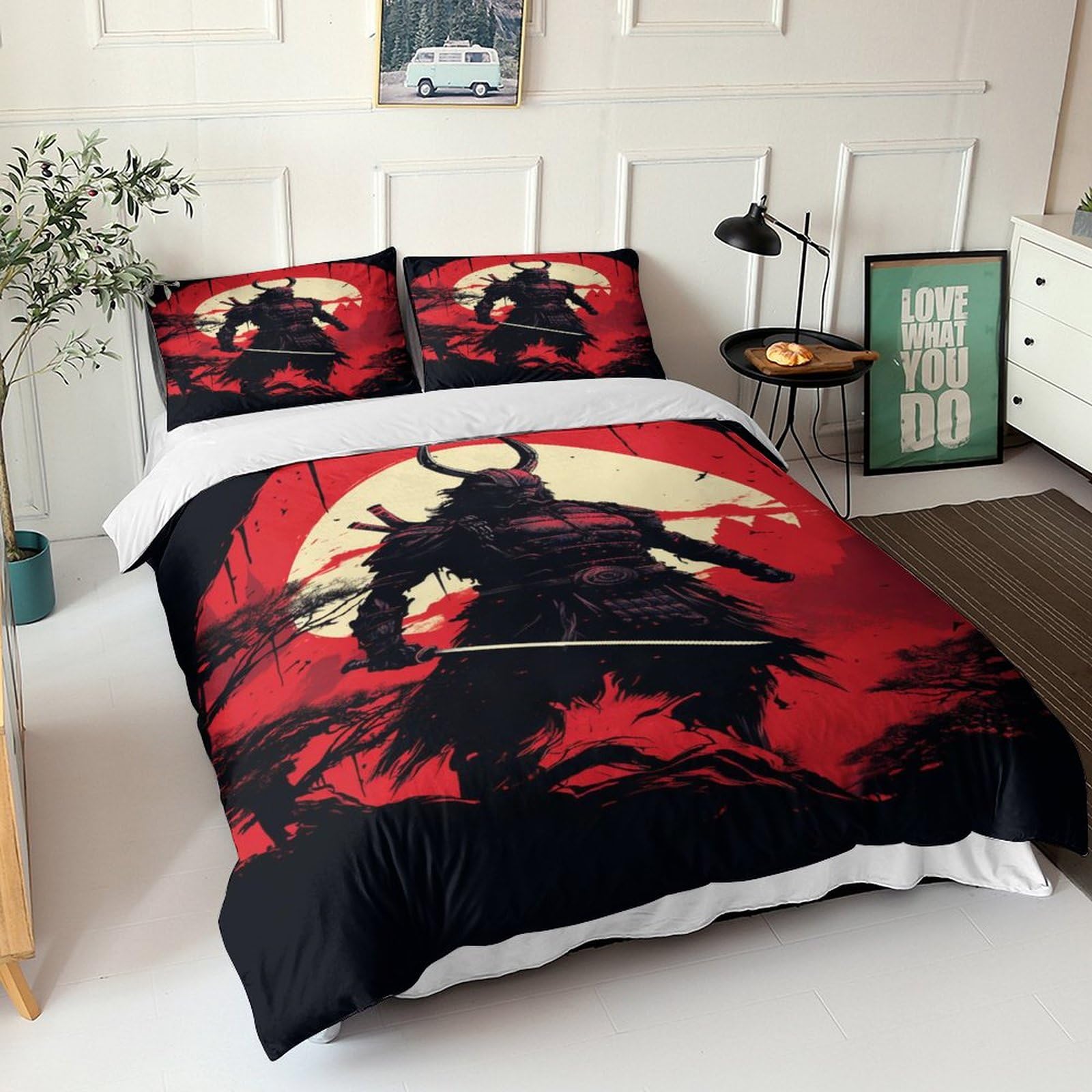 PORJDN Set di biancheria da letto in stile giapponese, motivo romantico, samurai giapponese, con motivo floreale botanico, federa stampata, 65 x 65 cm (stile B, 140 x 200 cm