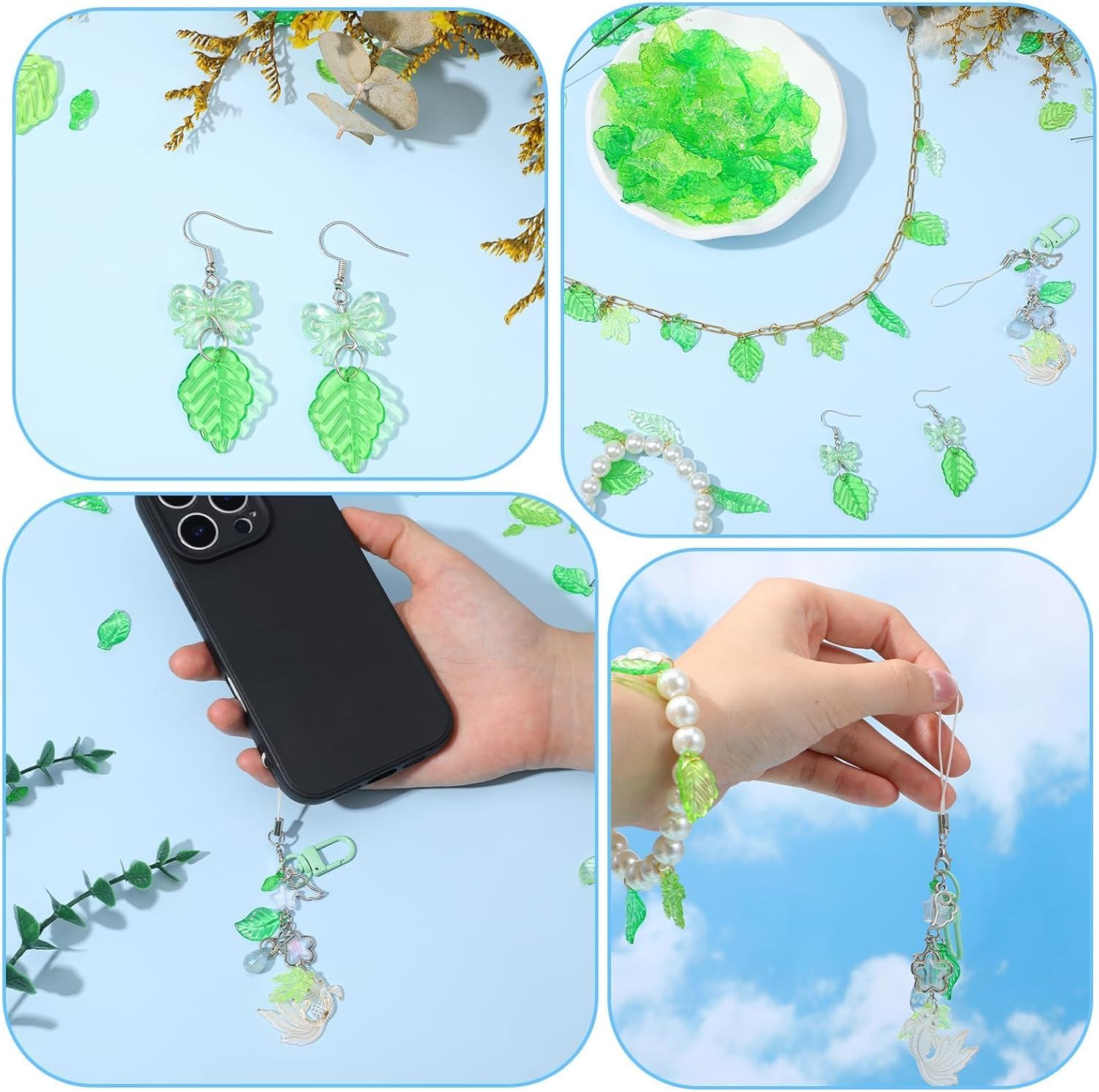 100 perline di vetro a forma di foglia per la creazione di gioielli, perline di cristallo verde rosa per piante in rilievo fai da te, orecchini, bracciali, collane, campanelli a vento