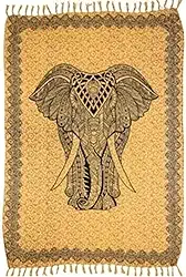 Canga de Praia Estampa de Elefante Mandala Poliéster Bege com Franja, Decorativa Piscina