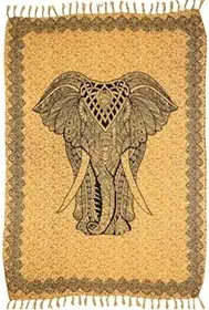 Canga de Praia Estampa de Elefante Mandala Poliéster Bege com Franja, Decorativa Piscina