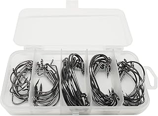 50pcs Fishing Worm Hooks High Carbon Steel Wide Gap Offset Saltwater Freshwater Extra Strong Circle Jig Worm Fishing Hooks for Bass Trout with Box Packed #1/0-5/0