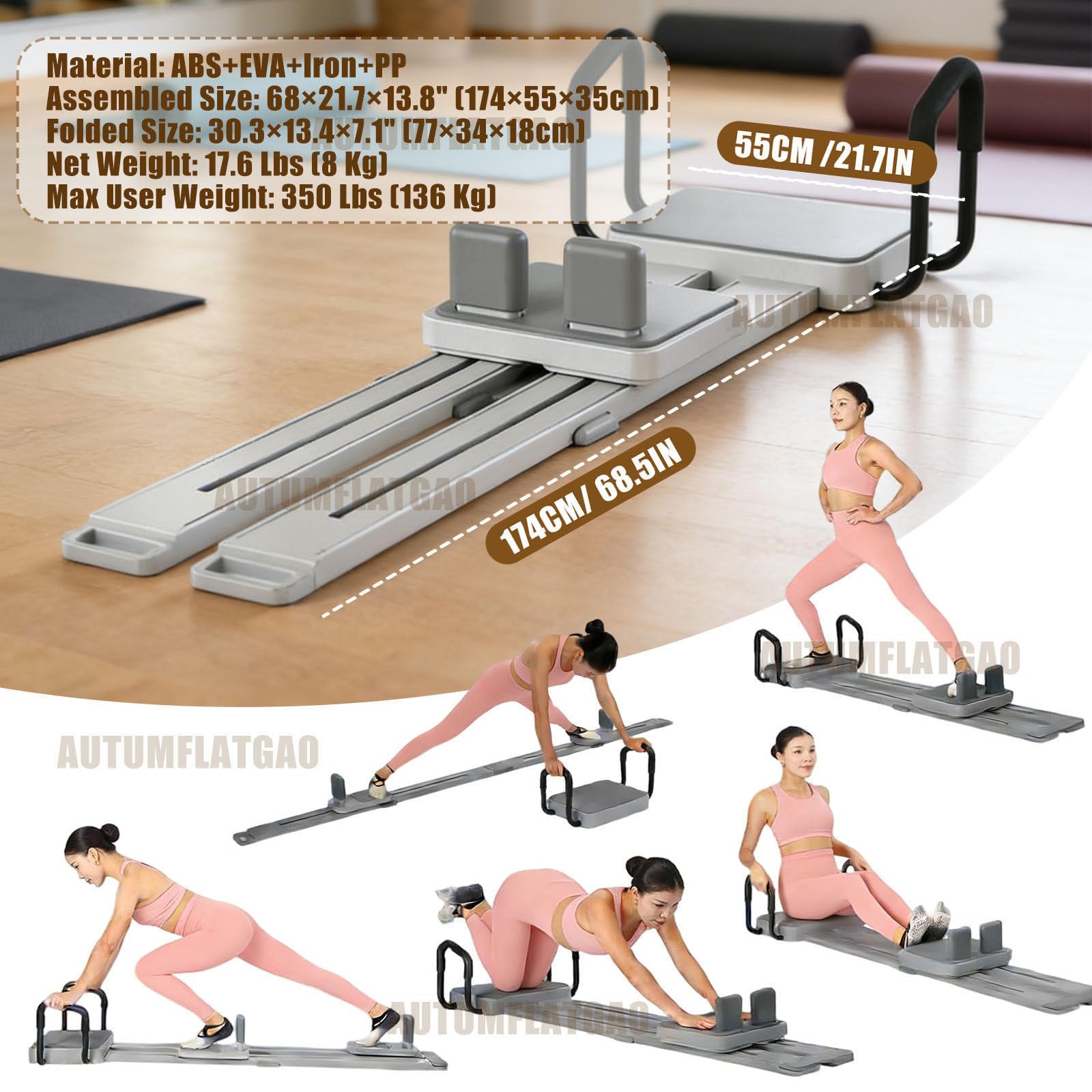 Planche Pilates Réformeur Compacte – Pliable En ABS Avec 2 Accessoires De Poussée – Entraînement Complet Du Corps à La Maison
