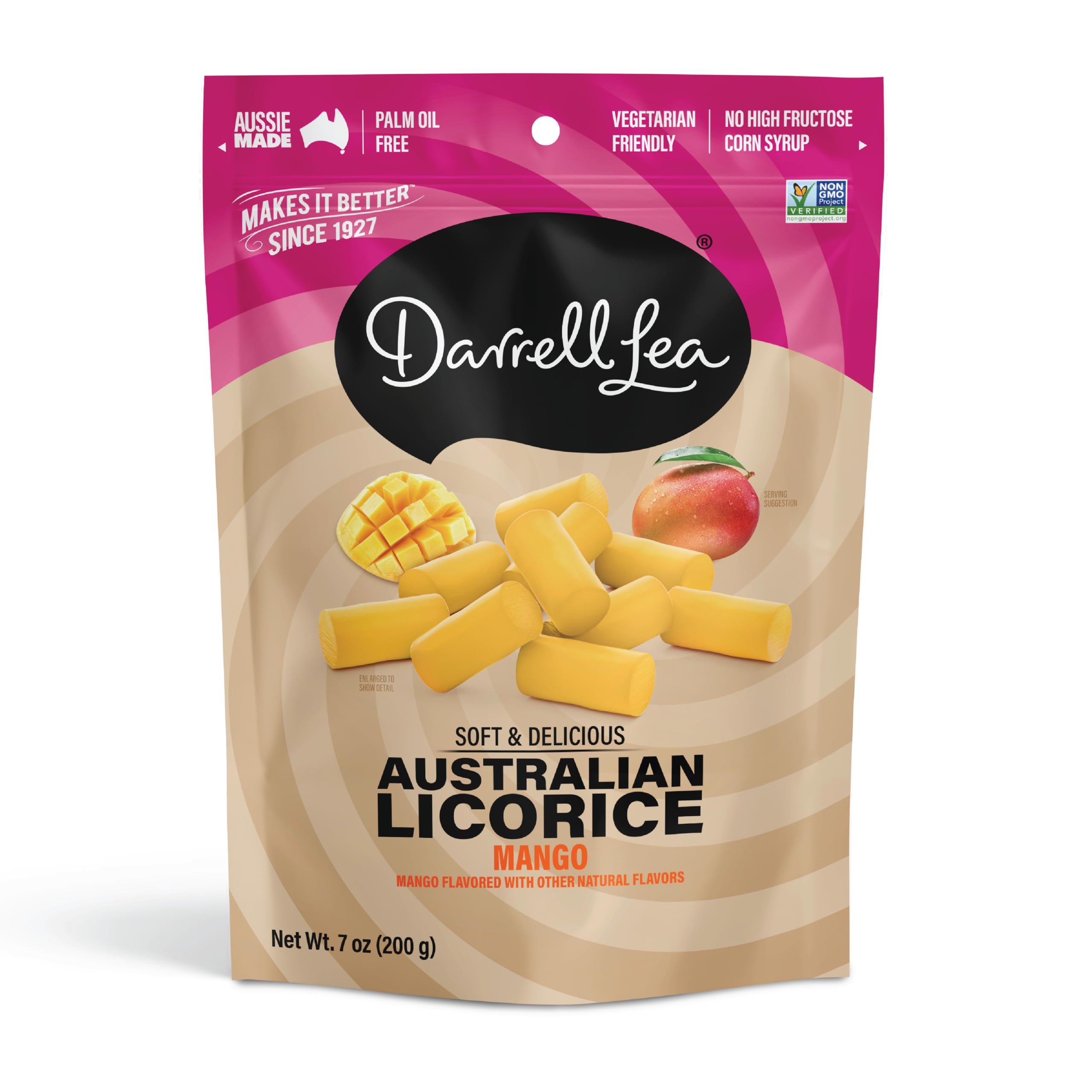 Darrell Lea Soft Australian Licorice, Non-GMO, No Palm Oil, Plant Based, No High Fructose Corn Syrup, Soft & Chewy Licorice Candy, Made in Australia (Mango, 7 Ounce (Pack of 1))