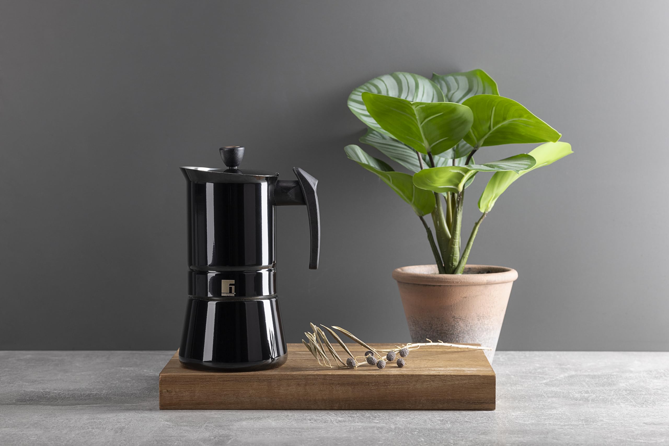 BERGNER Copper Coffee Maker on a wooden board, ready for use