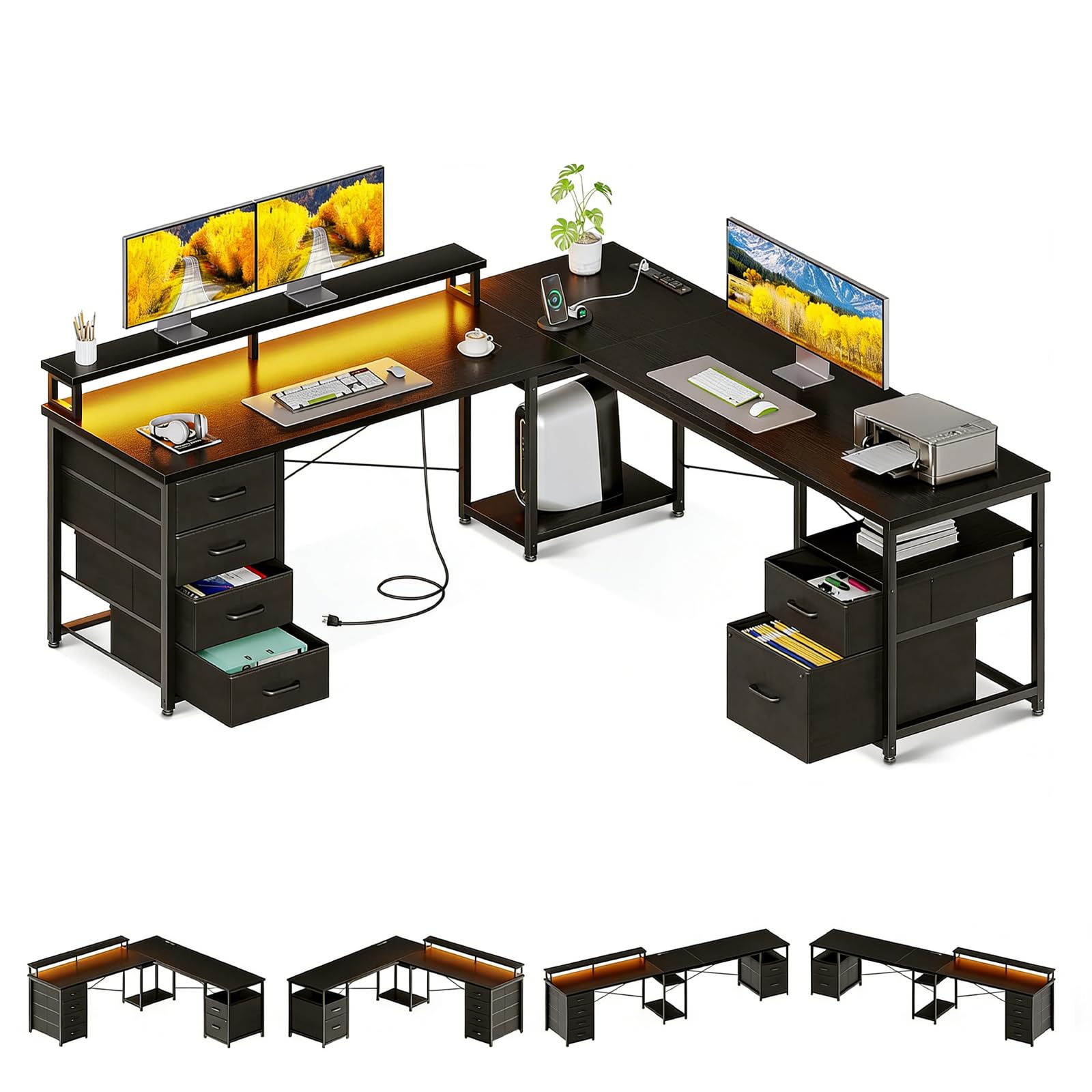 KINKUNCO 168 * 48 * 74.5CM Escritorio en L con Lncluye Archivador y 5 Cajones de Tela, Escritorios Gamer Reversible Forma con Tomas de Corriente y Luz LED, Escritorio con Soporte para Monitor (Negro)