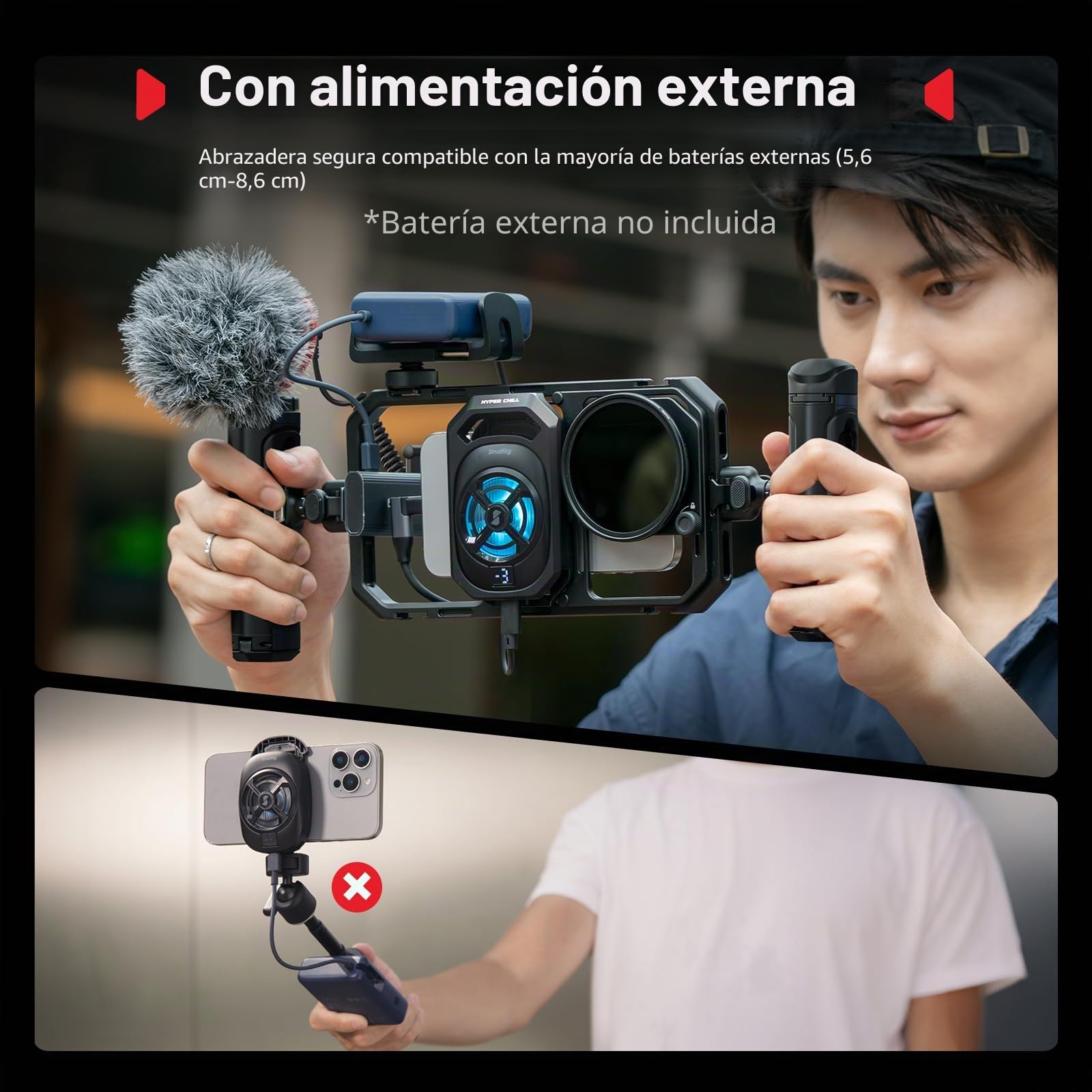SmallRig Jaula universal Hyper Chill Cooling para iPhone/Android, con enfriador activo de 15 W y adaptador USB-C 2 en 1 y soporte para banco de energía, teléfonos compatibles de 2.5 a 3.1 pulgadas