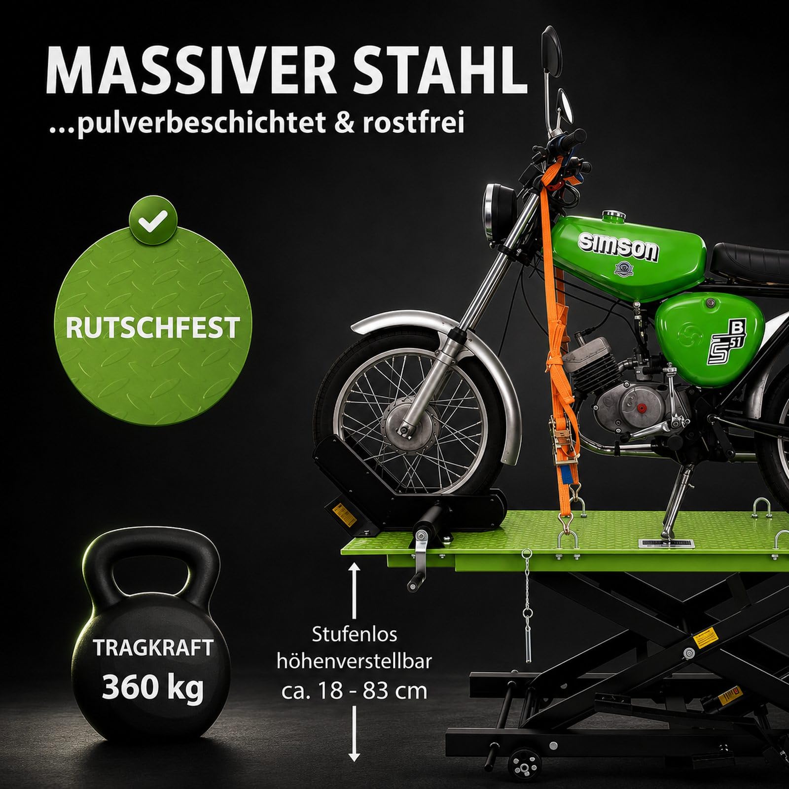 TRUTZHOLM Motorradhebebühne hydraulisch Tragkraft 360 kg kleiner Motorradheber Hubbereich 18-83 cm Nutzbreite 50 cm abnehmbare Auffahrrampe 4 Halteösen 45° Vorderradklemmung Scherenheber Moped in grün