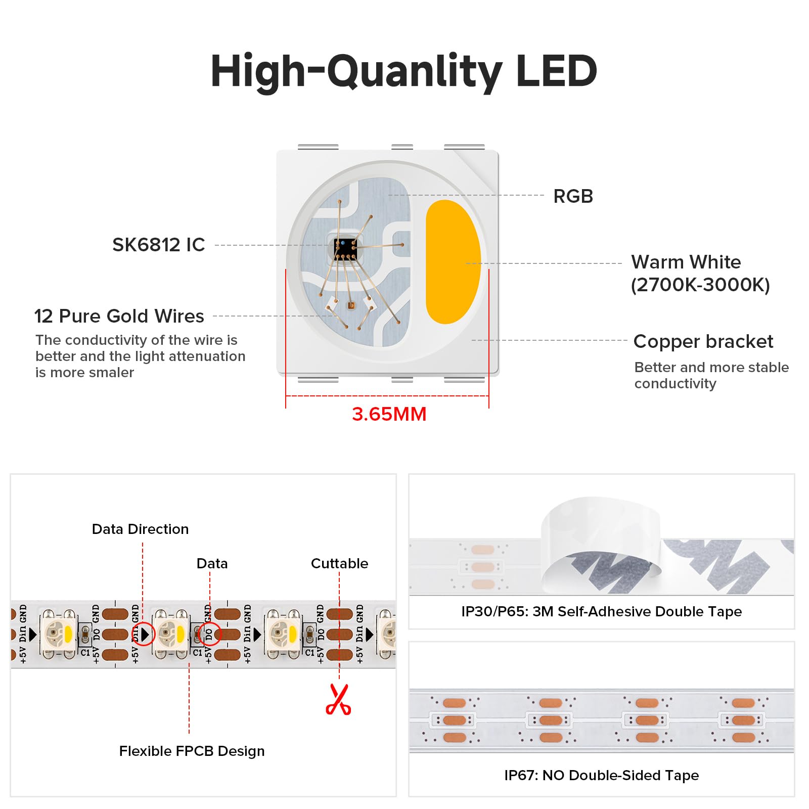 BTF-LIGHTING RGBW RGBWW Warmes Weiß SK6812 (ähnlich WS2812B) 5m 60leds/pixels/m Individuell adressierbar Flexibel 4 farbe in 1 LED Traumfarbe LED Streifen Nicht wasserdicht IP30 DC5V Schwarz PCB