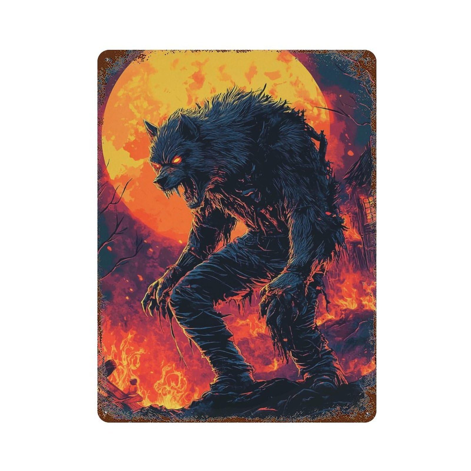 Vintage Rust Metal Sign Werewolf Under Full Moon 15.7"x11.8", Novelty Wall Decor for Garage, Bar And Workshop Decor