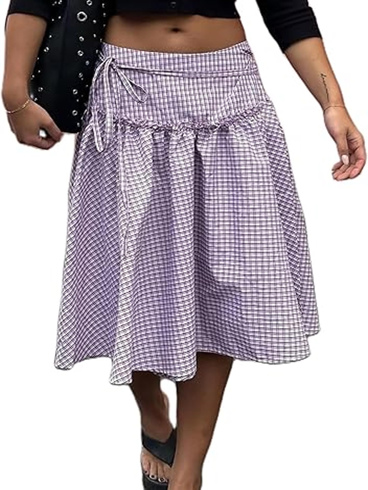 Women Vintage Plaid Midi Skirts Low Rise Gingham Pleated Long Skirt Summer Y2K Flowy Swing A-line Skirts Streetwear
