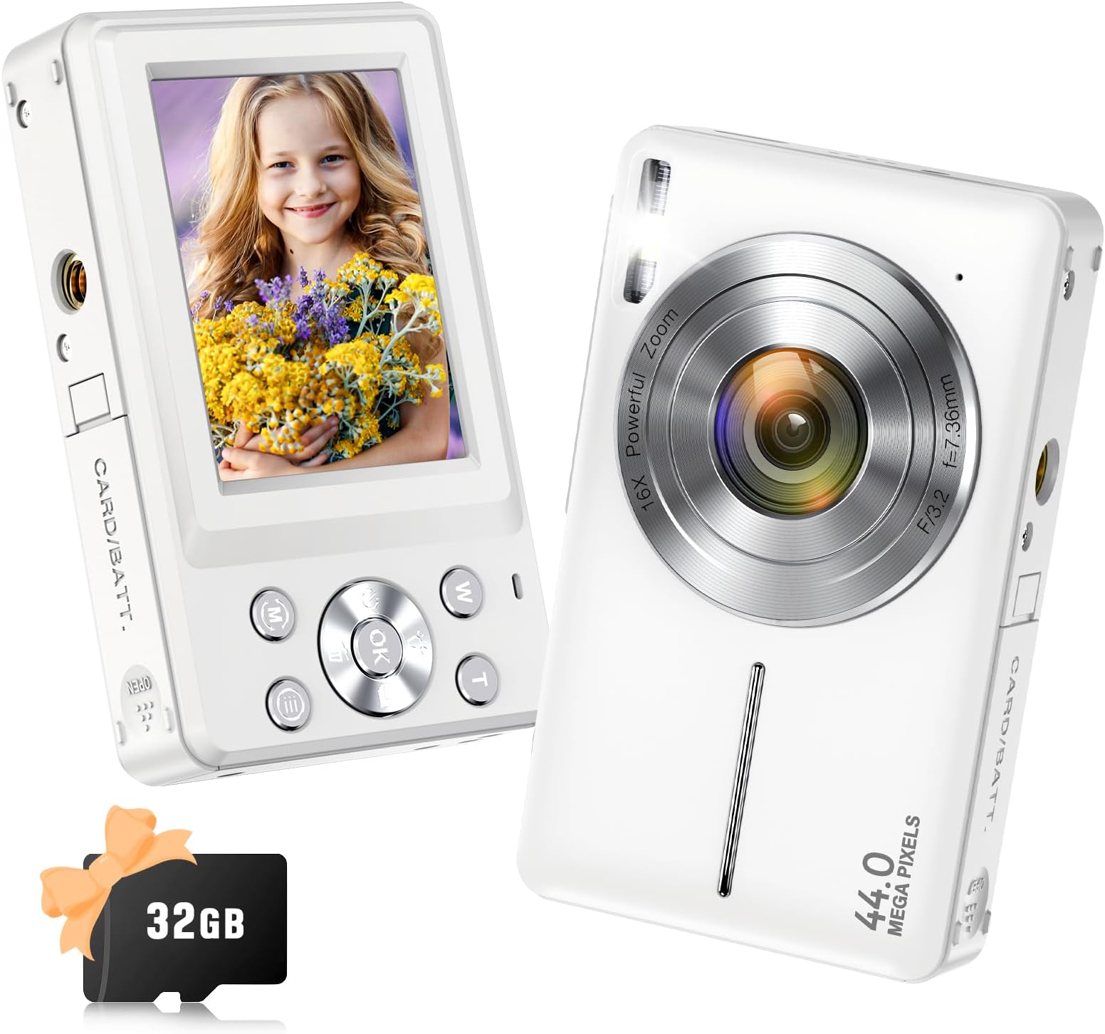 Digital Camera, Jukanur Upgraded Camera for Kids with 32GB Card, 16X Zoom, Point and Shoot Digital Camera with Anti-Shake, Timestamp, Flashlight, Portable Travel Camera for Teens Girls,Boys, White