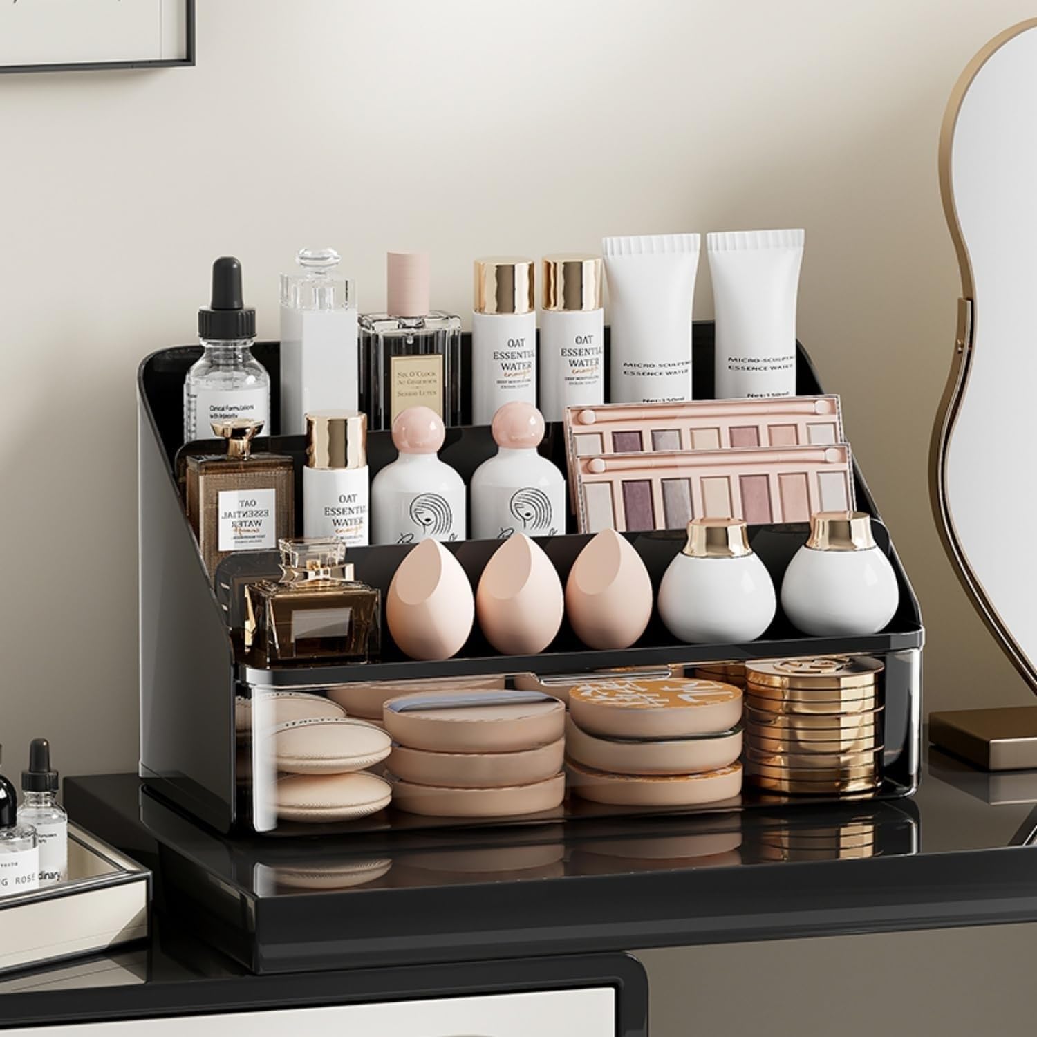 Booklov Lipsticks Holder,Lipgloss Organizer and Storage Display Case for Lip Gloss,Makeup Organizer with drawer,3 Rows spacious compartments (Black)