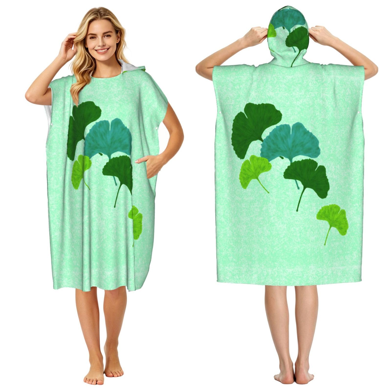 Poadnly Watercolour Ginkgo Biloba Leaf, Adult Hooded Beach Towel 90 x 110 cm,Changing Bath Robe, Surf Poncho Towel For Women Men