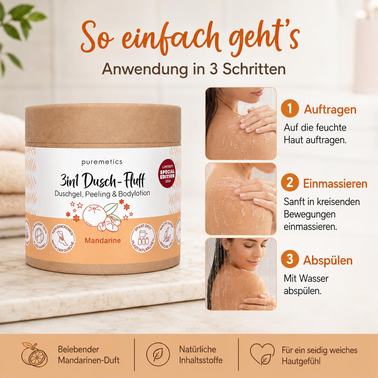 Puremetics 3in1 Dusch-Fluff, Mandarine mit Zuckerpeeling, LE, 250g