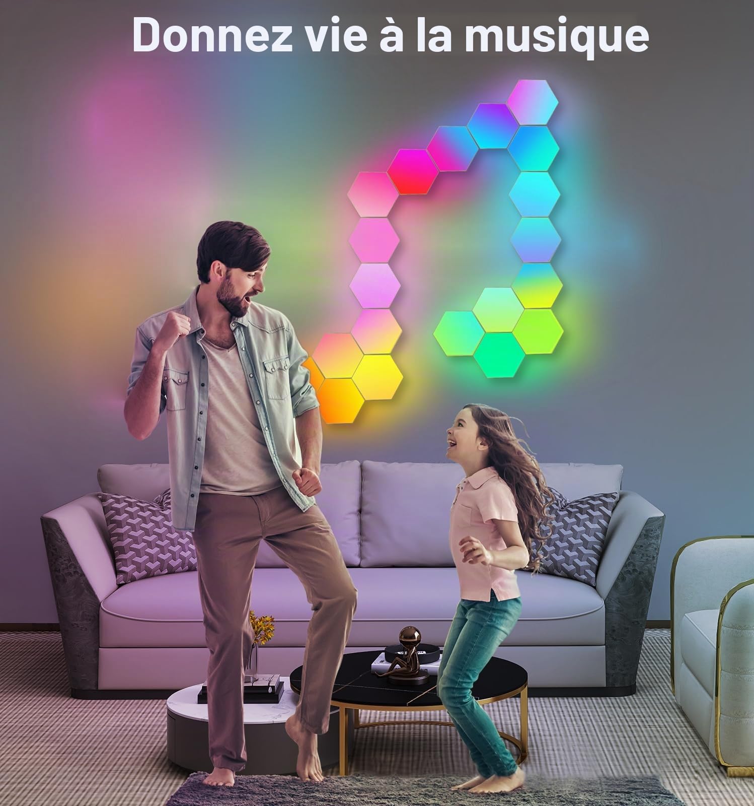 Lot de 10 grandes lumières LED hexagonales pour chambre TV, Smart Home Panneaux LED muraux RGBIC Setup Gaming Décoration Fonctionne avec Alexa Google Assistant, Contrôle vocal/App, Synchronisation