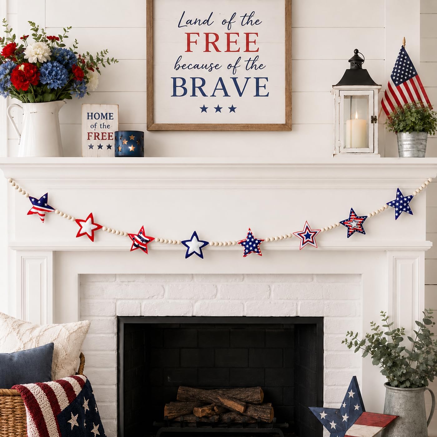 6.5ft Patriotic Garland American Felt Wooden Beads Banner for Patriotic, 4th of July Garlands for Independence Day, Mantel, and Walls