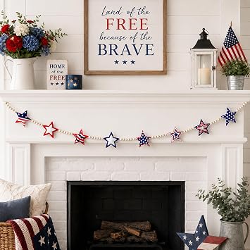 Patriotic 6.5ft 4th of July Felt USA Star Garland with Wooden Beads for Independence Day, Veterans Day, Mantel, Walls, Shelf