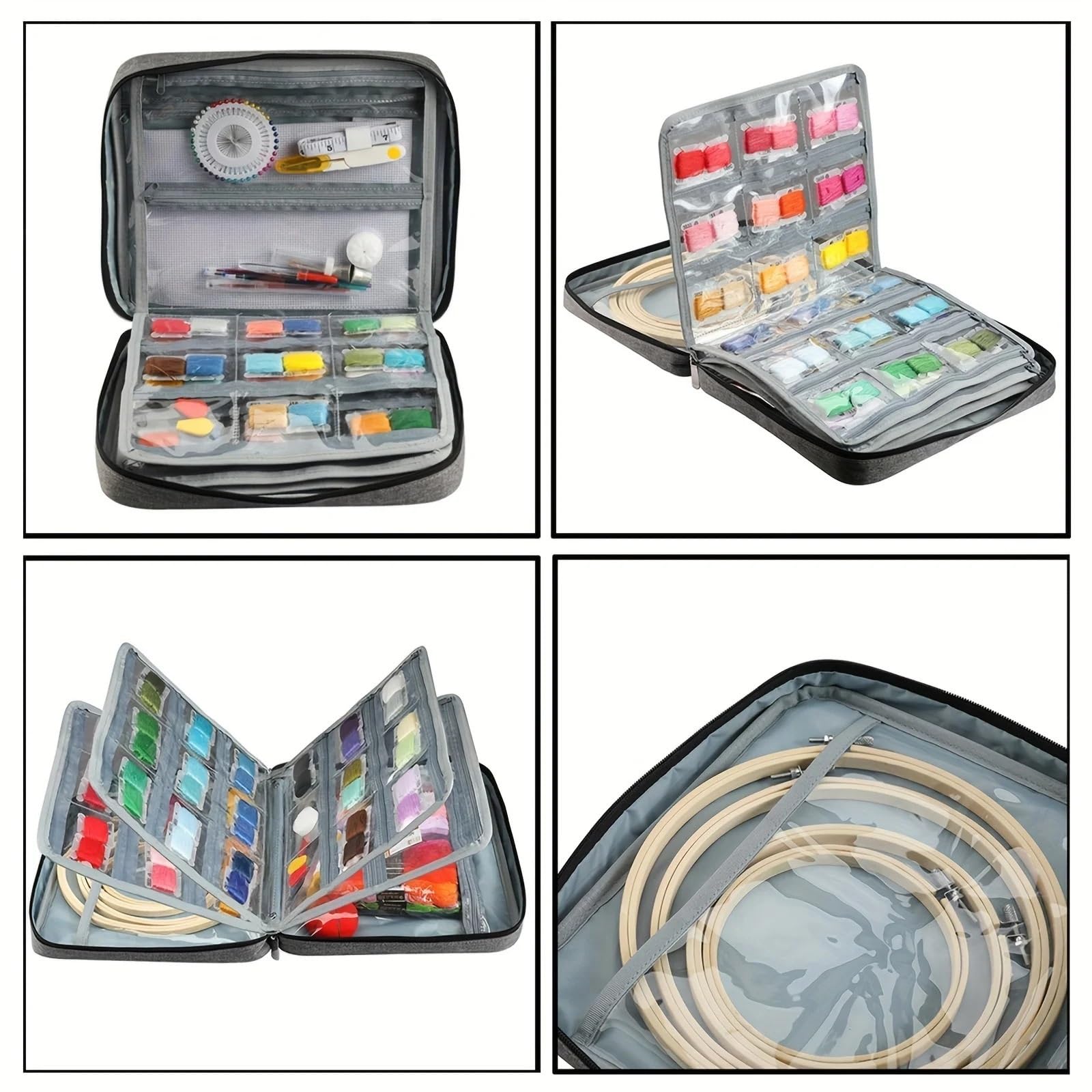 Caja de costura organizadora hilo bordar, con 4 compartimentos separados, bolsillo transparente, bordado multiusos, 1 ud