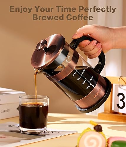 Miniatura 7 de Cafetera de prensa francesa, prensa de café Classice de acero inoxidable de 34 onzas con sistema de filtración de 4 niveles, resistente al calor,