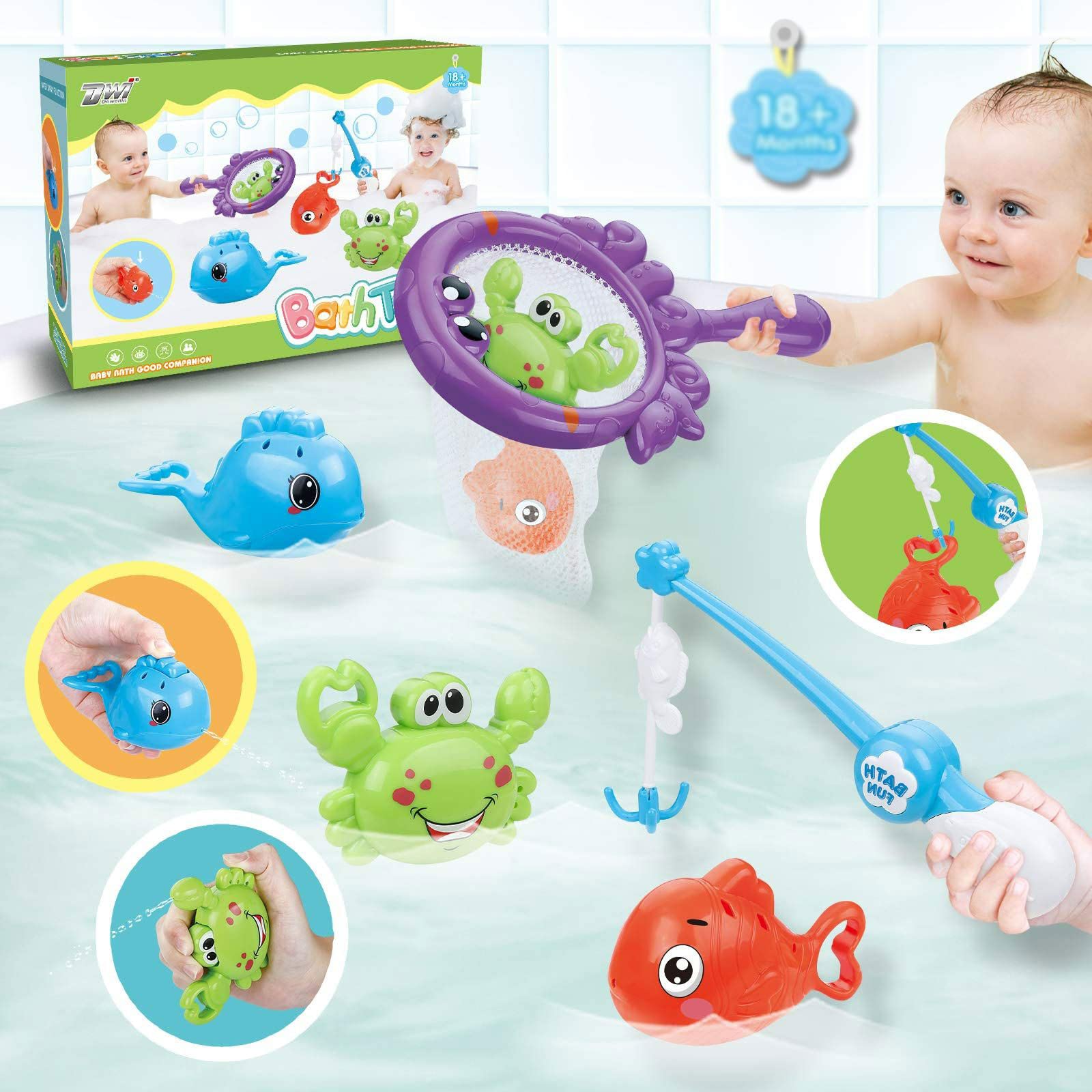 Arabest Toddler Bath Toys, Fishing Games with Fish Net, No Mold Squirt Water Fishes Crab, Bath Time Bathtub Toy for Toddlers Baby Kids Infant Girls Boys Age 1 2 3 4 5 6 Years Old