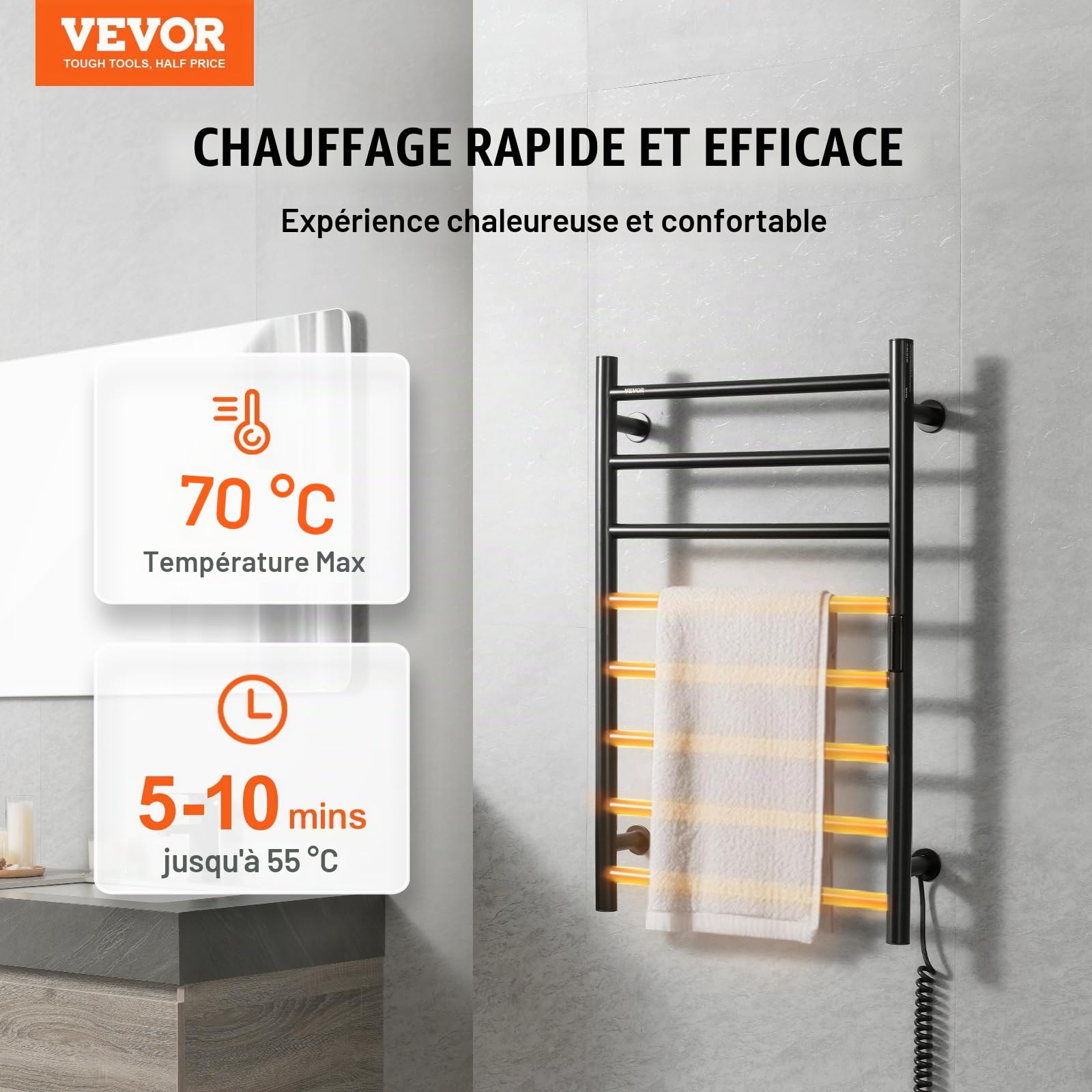 VEVOR Radiateur Sèche-Serviettes Électrique 8 Barres, Porte-Serviettes Chauffant Mural, Chauffe-Serviettes à Température Réglable, Étanche IPX5, avec Minuterie et Écran LED, Salle de Bain, Noir