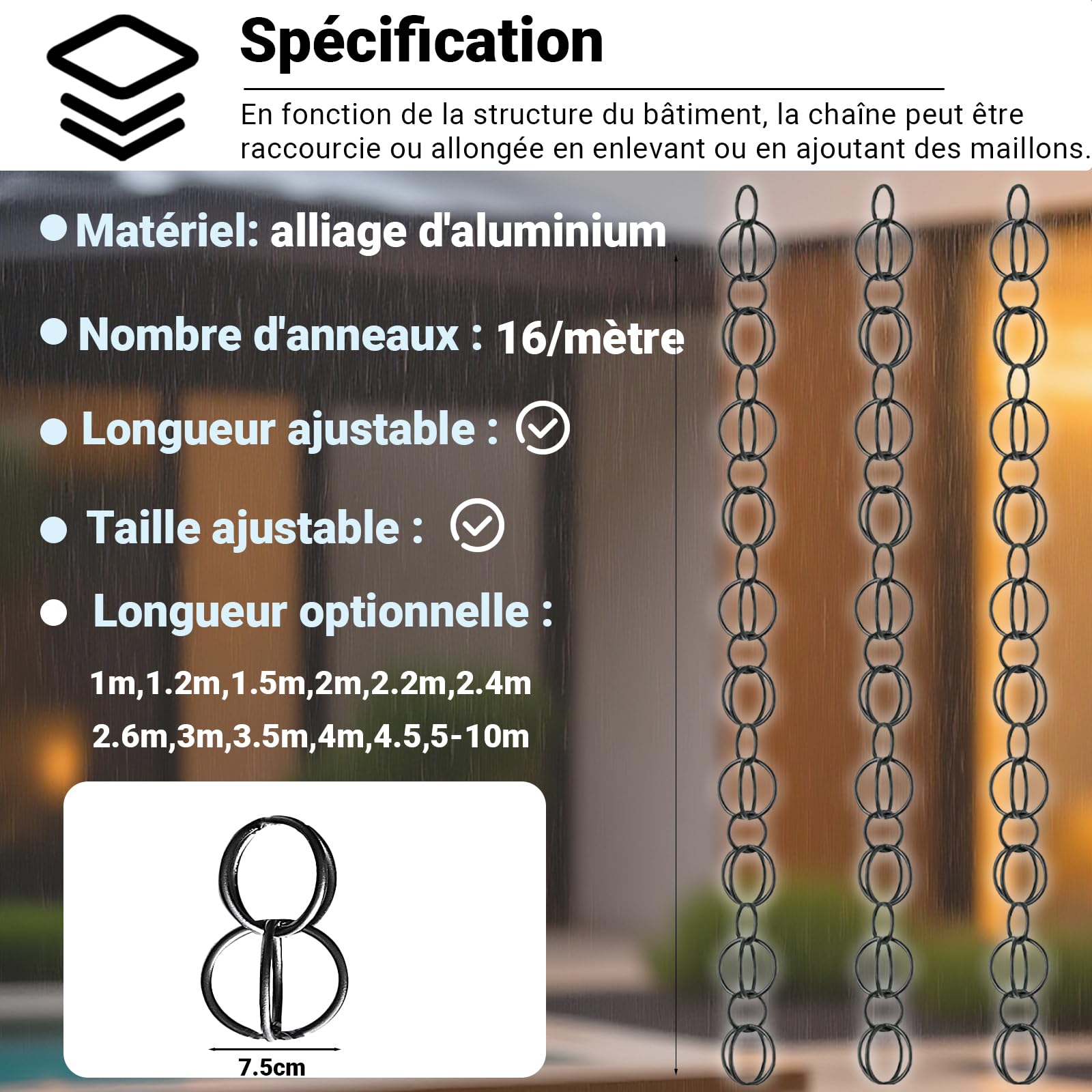 Chaînes de Pluie pour Jardin Extérieur, for Jardin/Cour/terrasse, Parfaite pour remplacer Les descentes de Pluie, Fonction De Drainage, Chaînes de Gouttière Cascade Noir 3m(10ft)