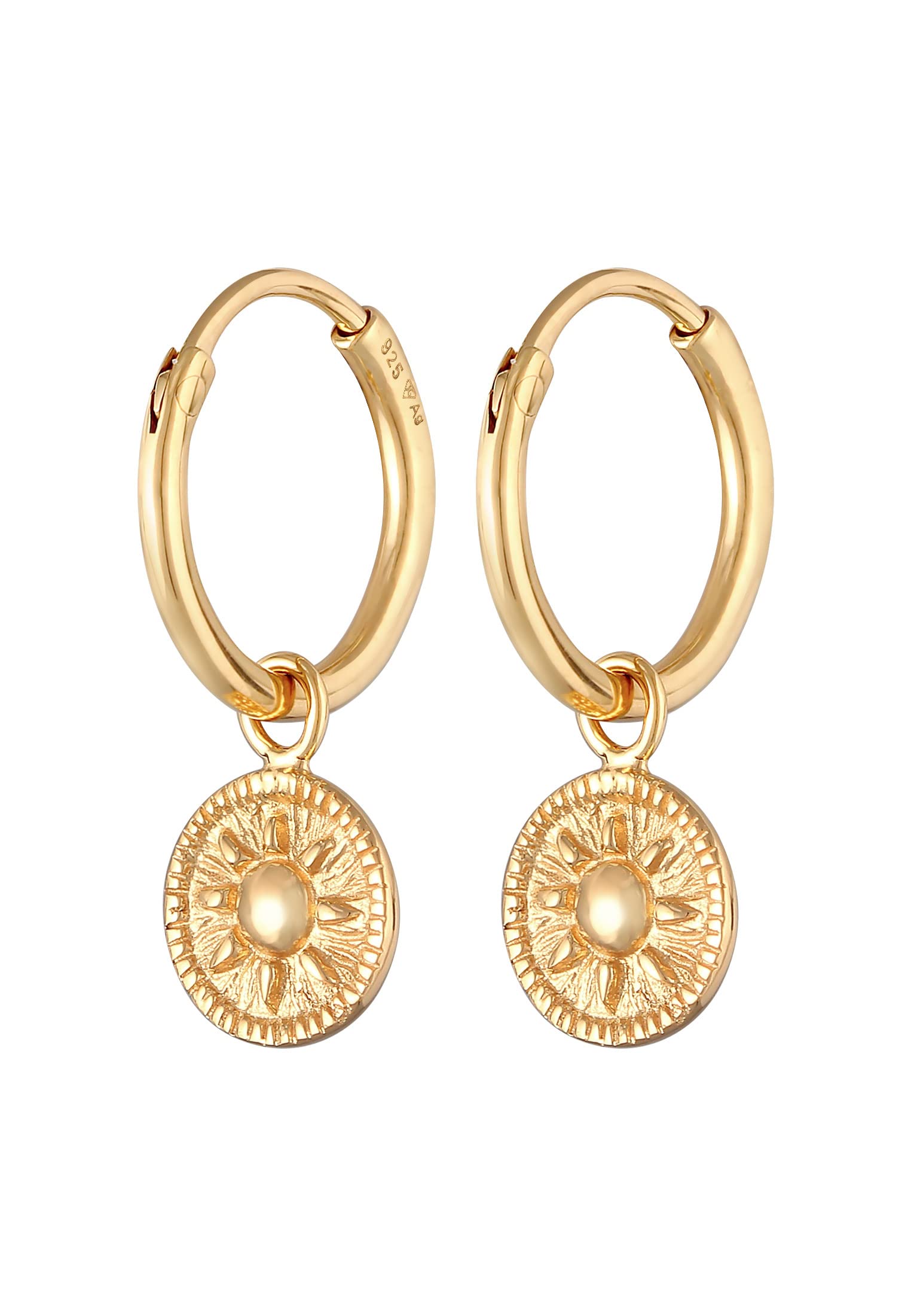 Elli Earrings Ladies Creoles Coin Sun Round in 925 Sterling Silver Gold Plated