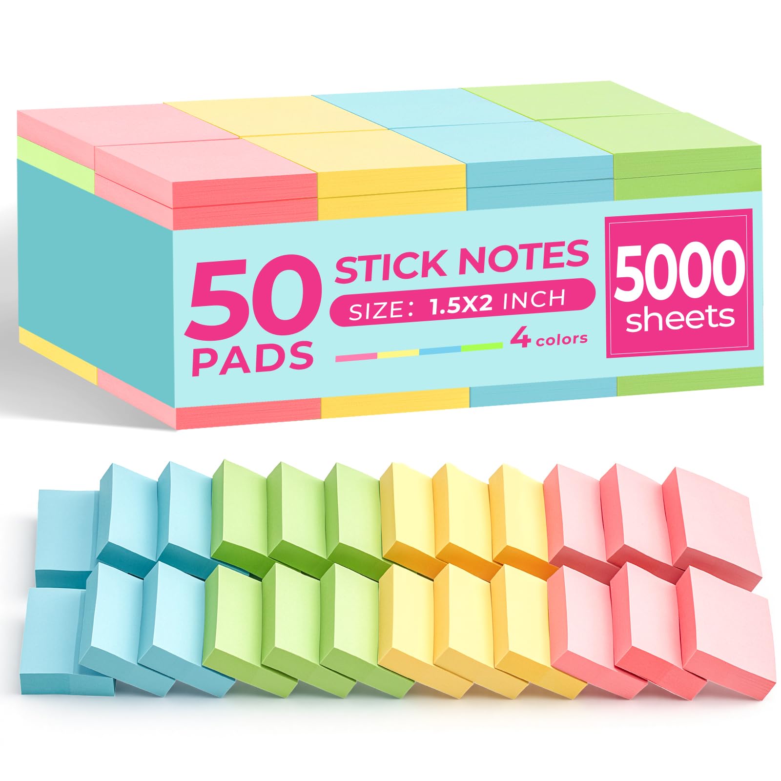 Umikk Lot de 50 mini notes adhésives de 3,8 x 5,1 cm, 5 000 feuilles de petits notes autocollantes, 4 couleurs, faciles à envoyer pour le bureau, l'école, la maison