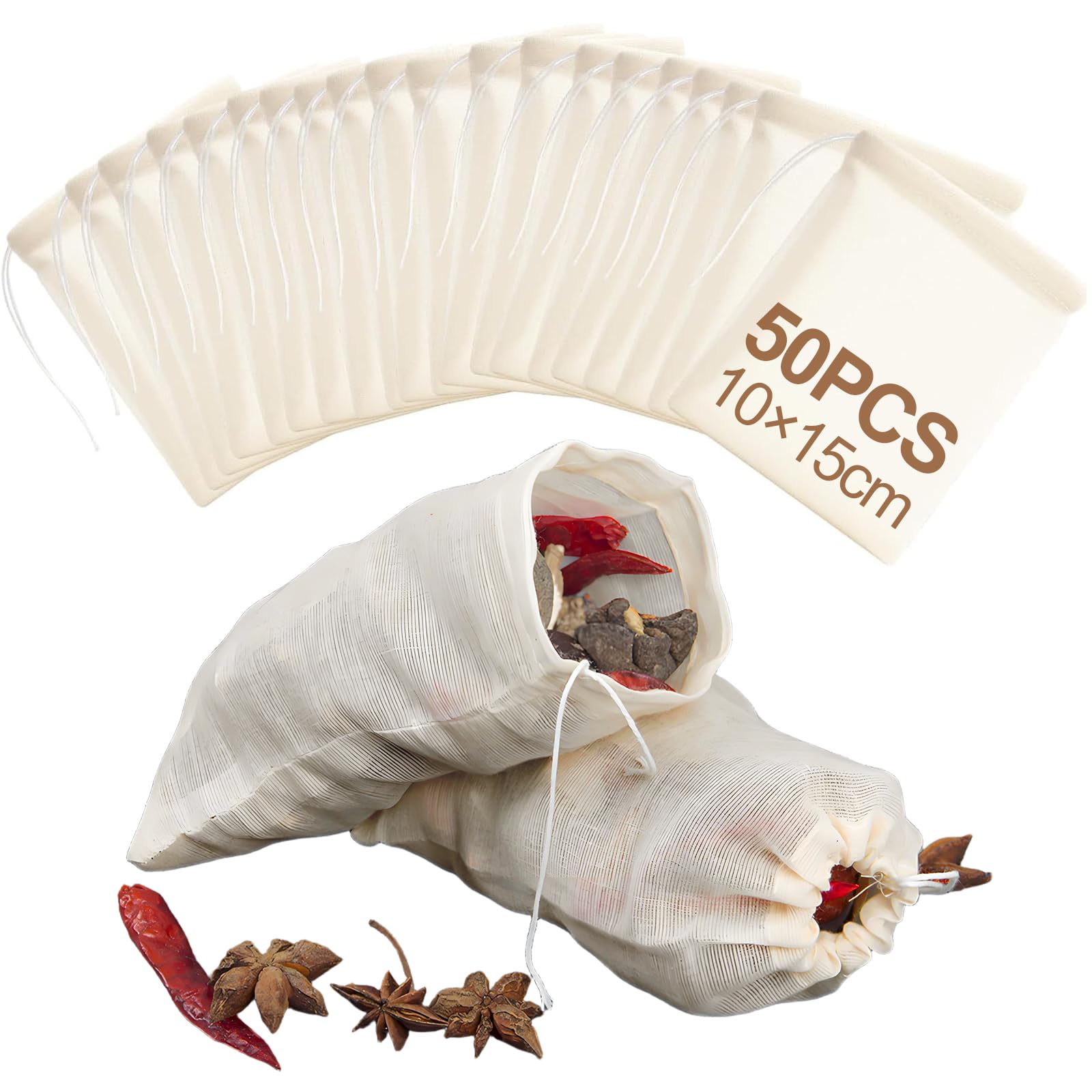 50Pcs Marinade Bags (10×15cm) Tea Bags Empty 100% Reusable Mesh Cotton Muslin Bags, Drawstring Spice Bags for Cooking, Braise Soup Spice Bags Dried Lavender Sachet Tea Picnic Storage Home Fragrance