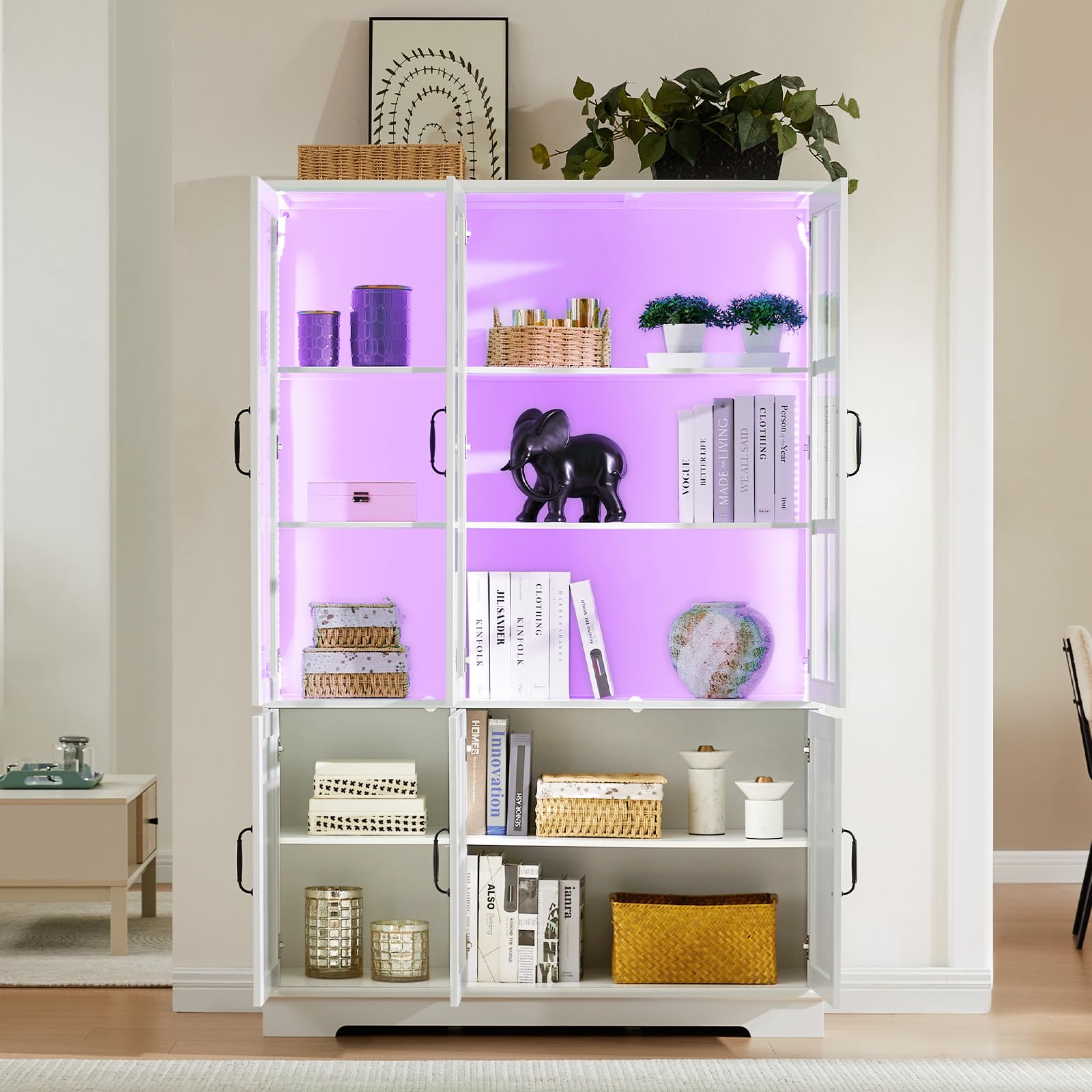 LUXOAK Vitrinenschrank mit LED Beleuchtung & Retro-Griffen, Hochschrank weiß 180 cm hoch, 6 Türen mit Acrylfenstern & 8 Einlegeböden, moderner Schrank für Wohnzimmer & Küche