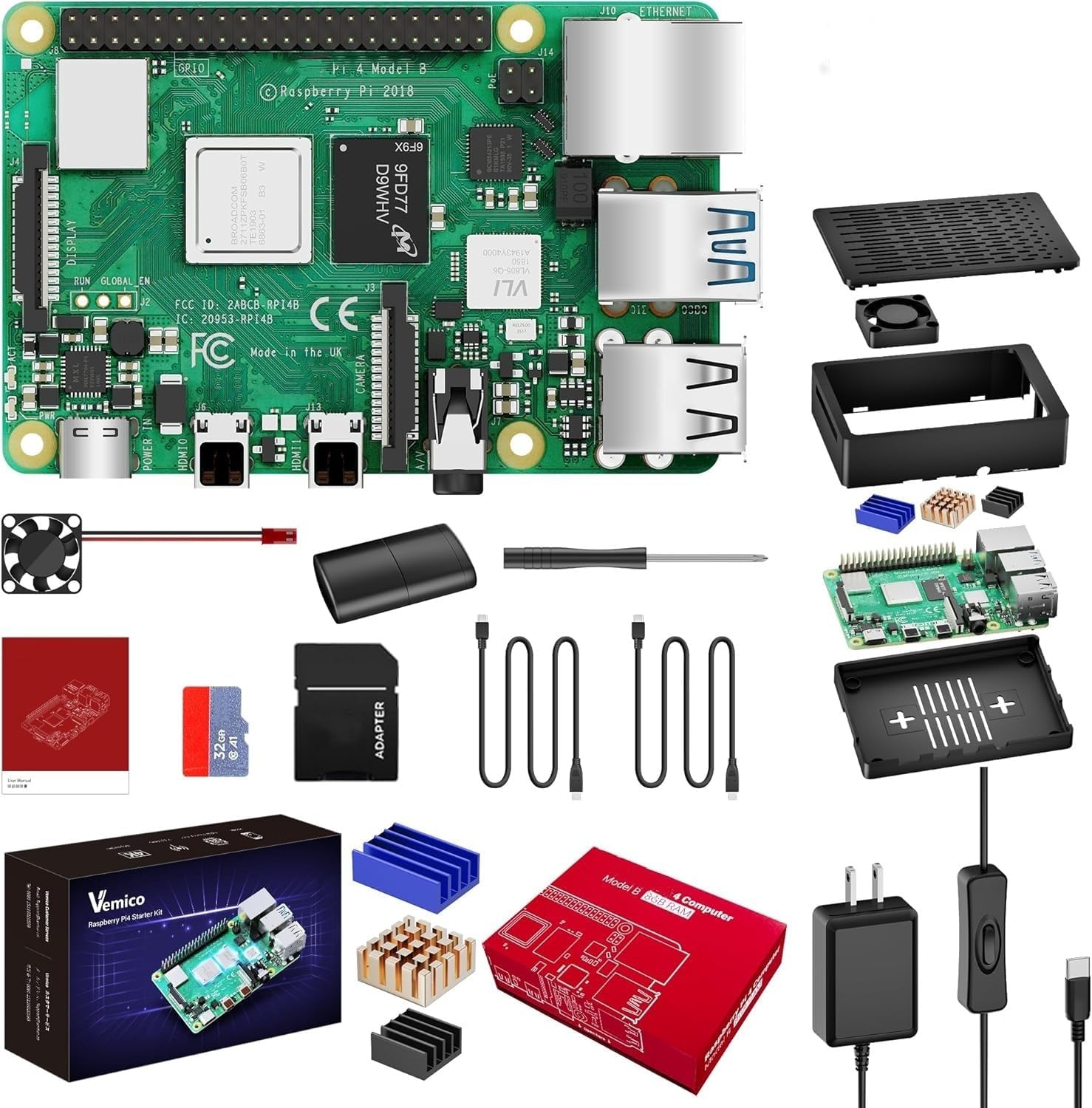 Amazon.com: Vemico Raspberry Pi 4 8GB Starter Kit,Include 32GB SD Card ...