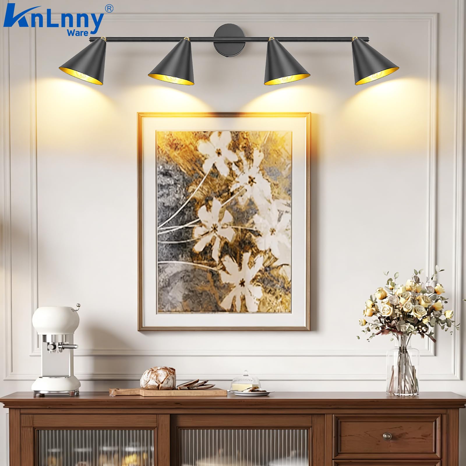 KnLnny Ware 4 Luci Nera Industriale Lampada da Soffitto e Parete, 350° orizzontale e 90° verticale regolabile con attacchi E14, Nero esterno Oro interno Lampada in Metallo Vintage, Senza Lampadine