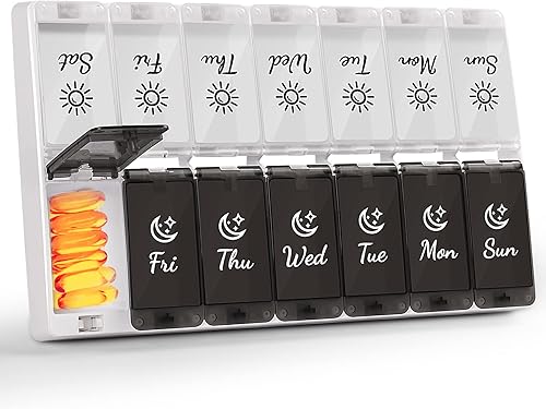 MERICARGO Organizador de píldoras extra grande 2 veces al día botón oculto AM PM pastillero 7 días organizador de medicamentos XL para píldoras
