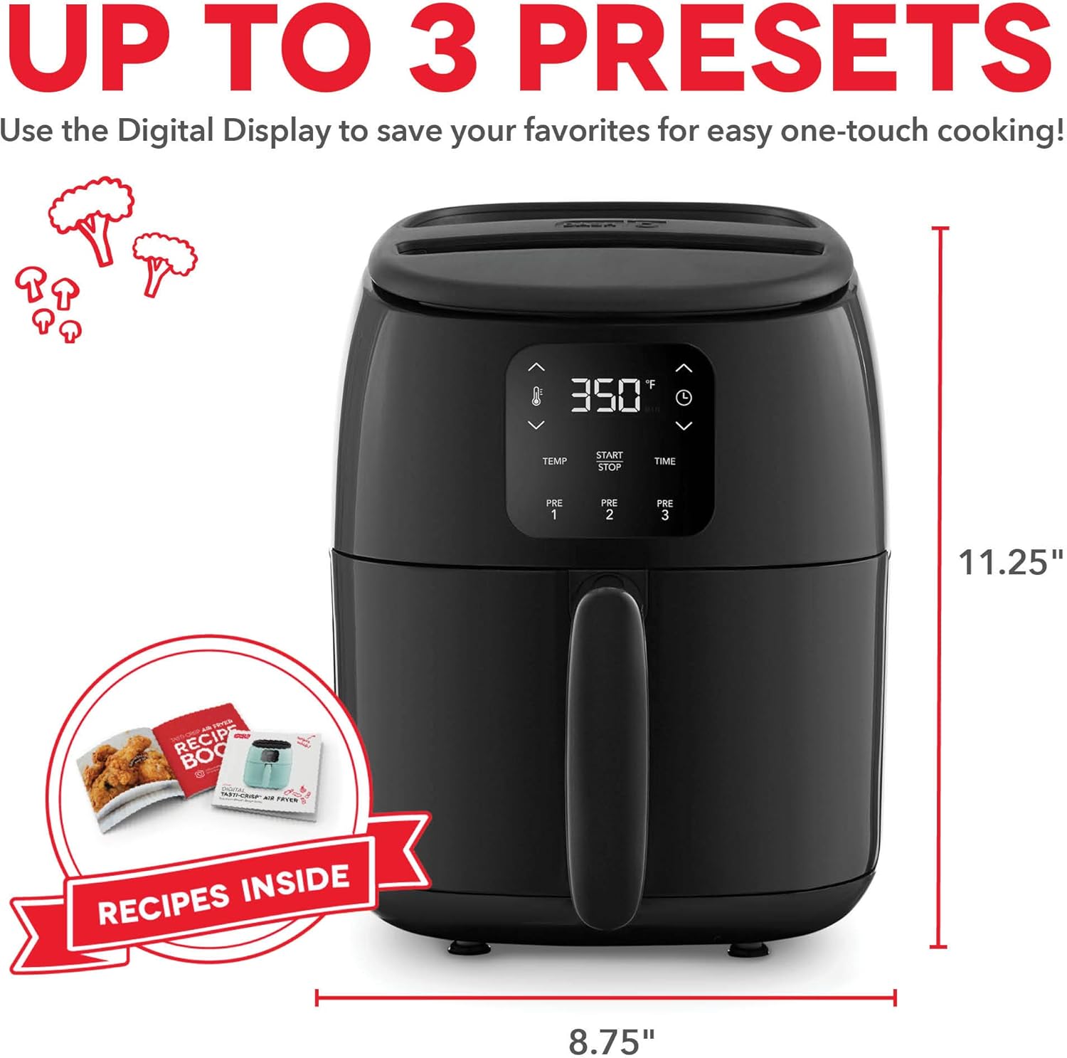 DASH Tasti-Crisp™ Electric Air Fryer Oven, 2.6 Qt., Black – Compact Air Fryer for Healthier Food in Minutes, Ideal for Small Spaces - Auto Shut Off, Digital, 1000-Watt 71tRsi1beaL. AC SL1500