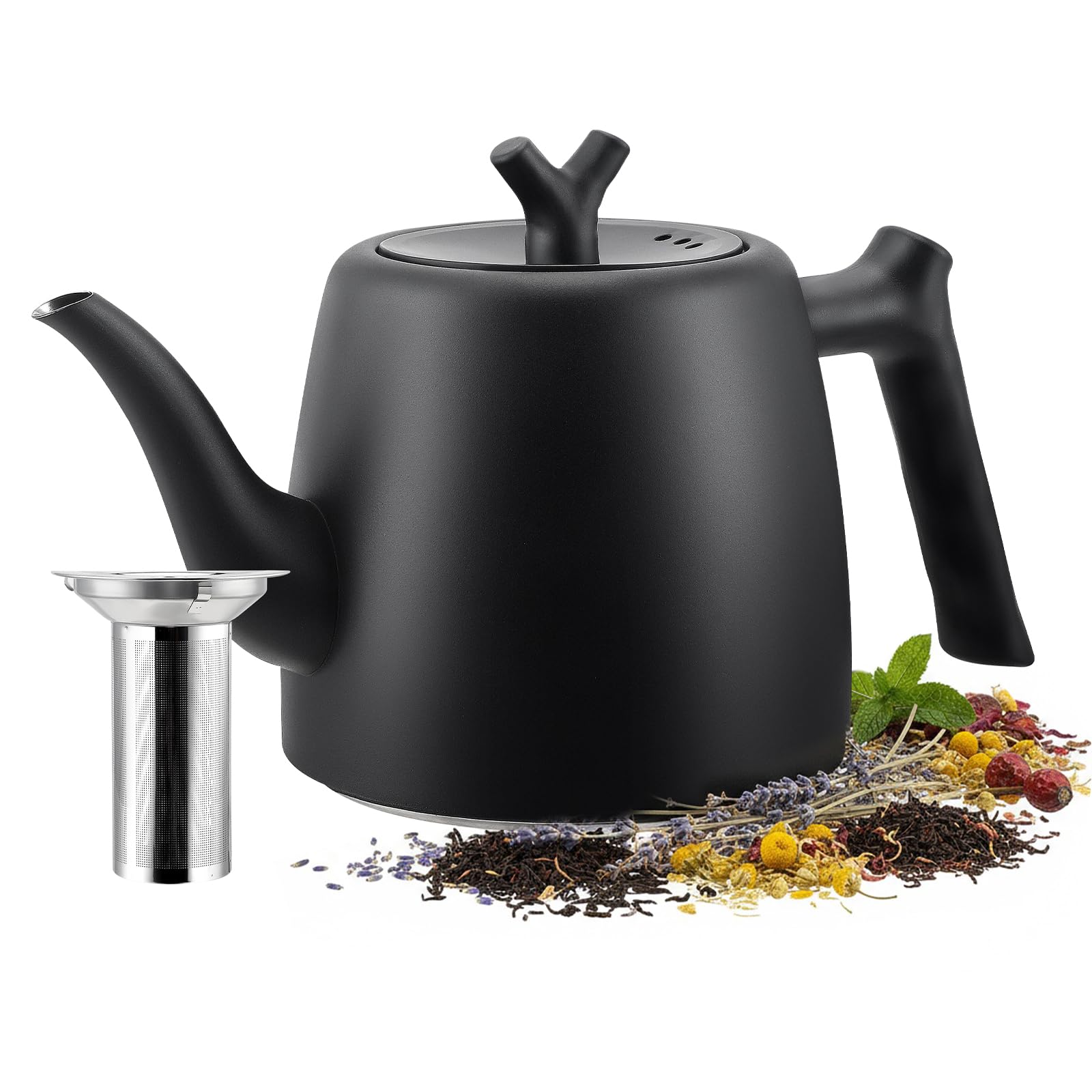 Teekanne Schwarz, 2L Große Tee Kanne mit Teesieb,Teapot Thermo 10-12 Tassen Doppelwandig Tea Maker aus Edelstahl für Losen Tee Ingwer & Kräutermischungen