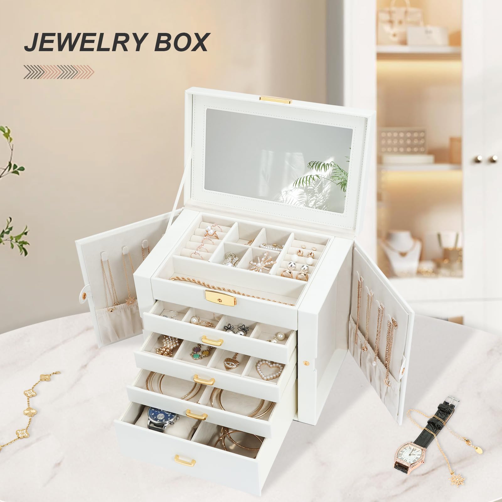 Schmuckschatulle für Frauen, 5-lagige Schmuck-Organizer-Box, große Schmuck-Aufbewahrungsbox für Mädchen, Schmuckhalter, Organizer, Geschenk für Valentinstag, Weihnachten, Neujahr (weiß)