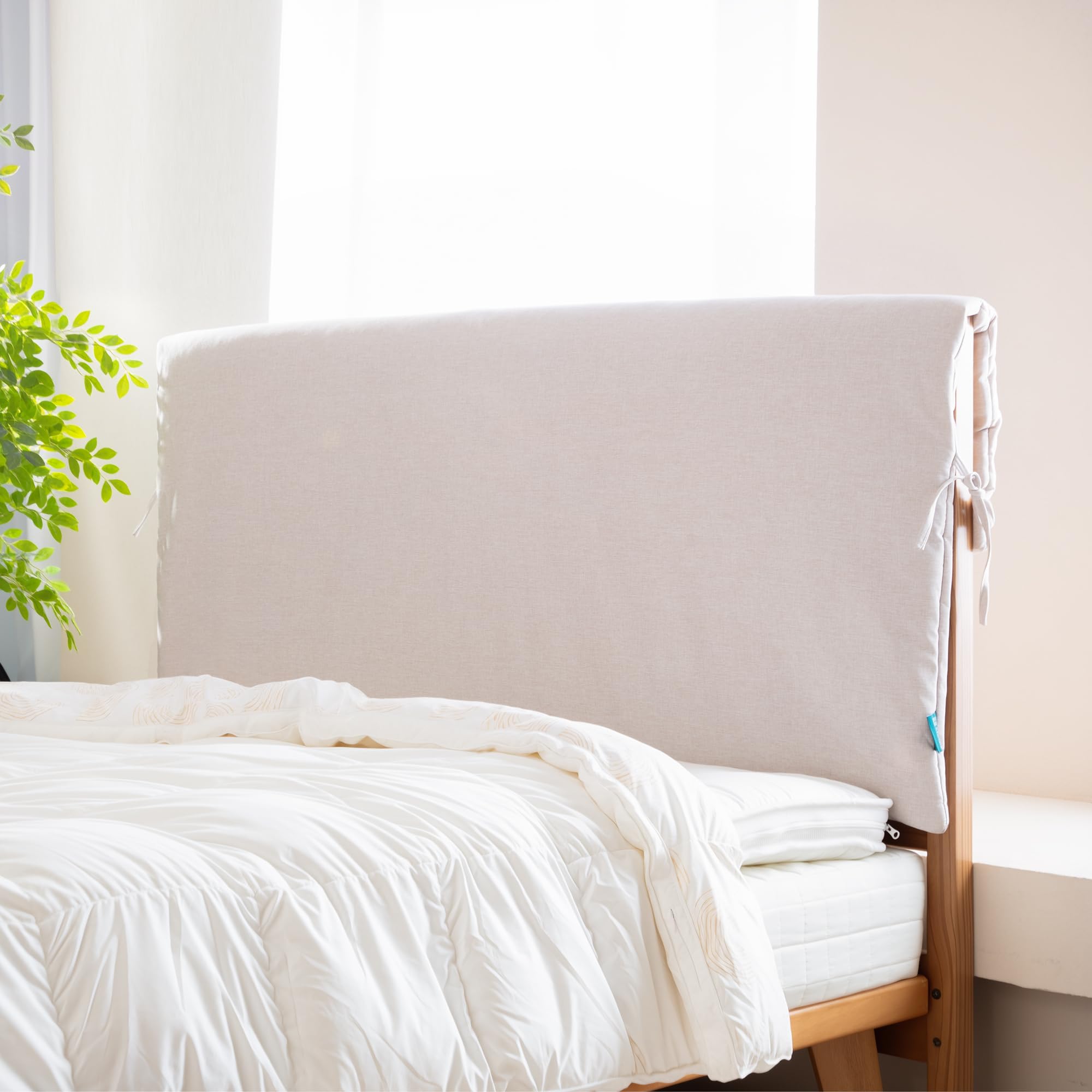 Samt Bettkopfteil Bezug & Betthussen Set mit Bindebändern für Bett, Staubdicht Betthaupt Bezug mit Bindebändern, Rundumschutz für Holz/Leder Bett, Waschbar Beige, 170cm