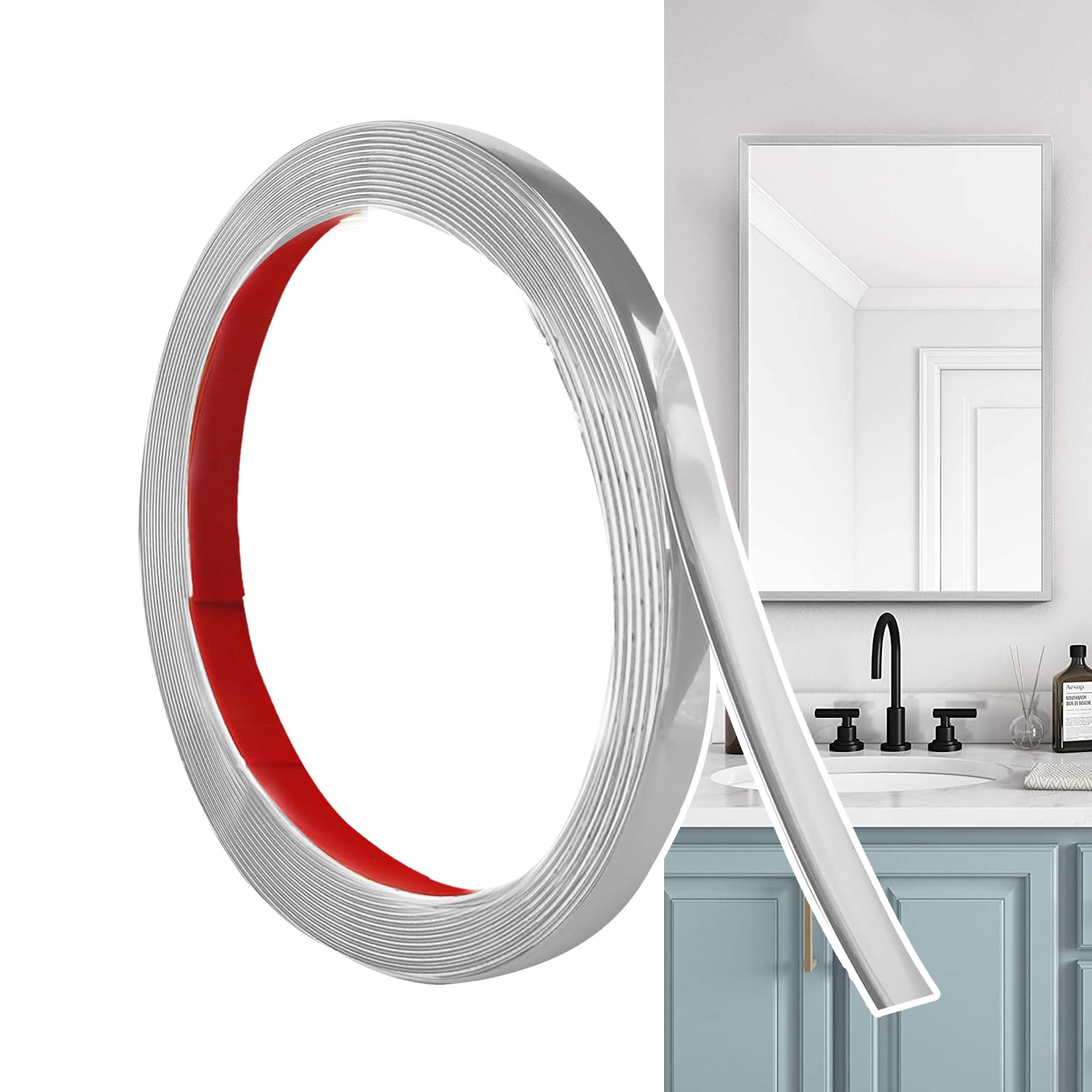 Hengrongshen Self Adhesive Moulding Trim Matte Silver (6M x 1cm) Flexible PVC Peel and Stick Wall Trim Decorative Edge Strip for Wall, Tile, Mirror, Window, Cabinet, Bathroom, DIY Trim — image 1