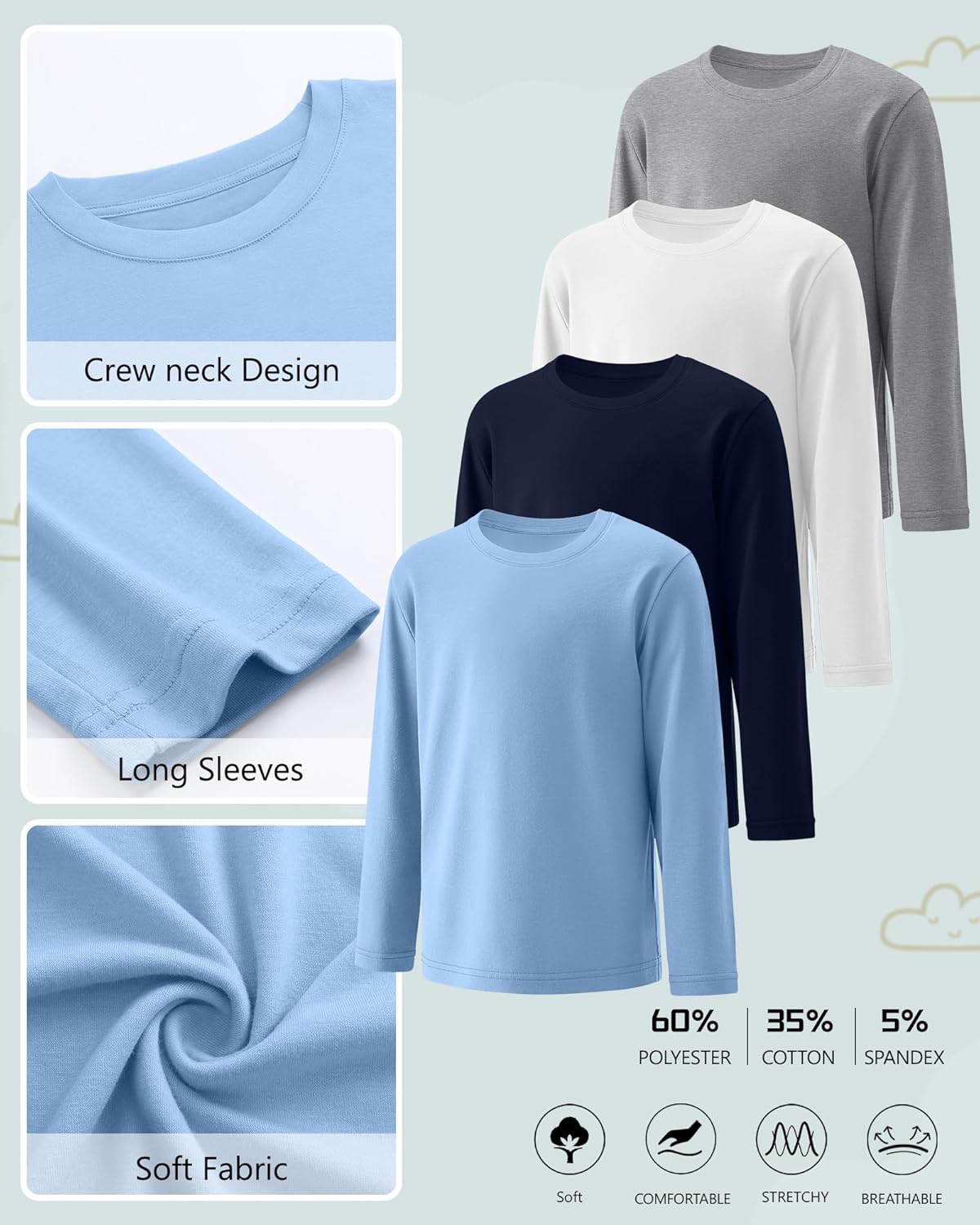 4 Pack Boy's Long Sleeve Shirts, Crew Neck Soft Tops Toddler Kids Basic Tees 3T-16 Years - Image 2