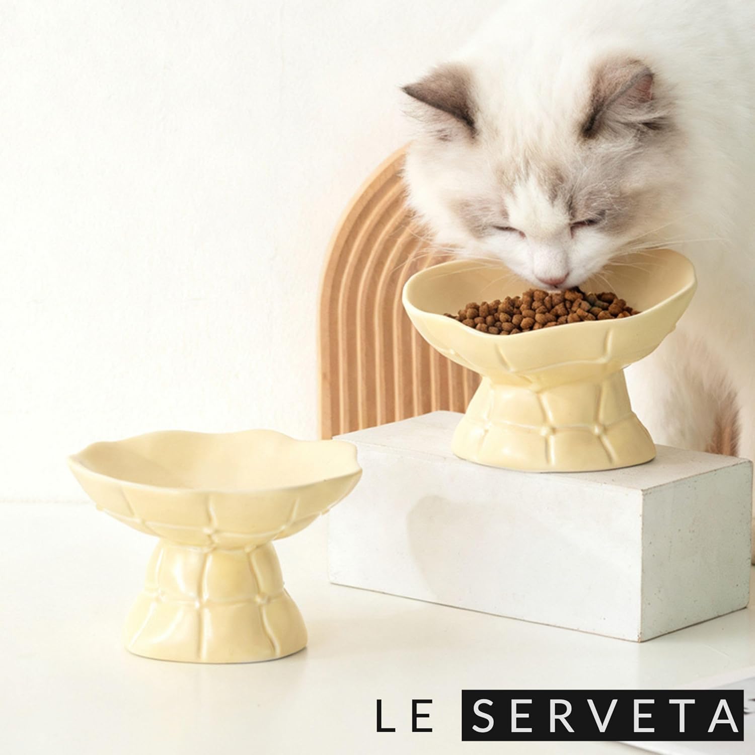 Lotus Series Tilted cat Feeder, Ceramic Raised Cat and Dog Food Dishes, Modern Minimalist Lotus Root Design (Green)