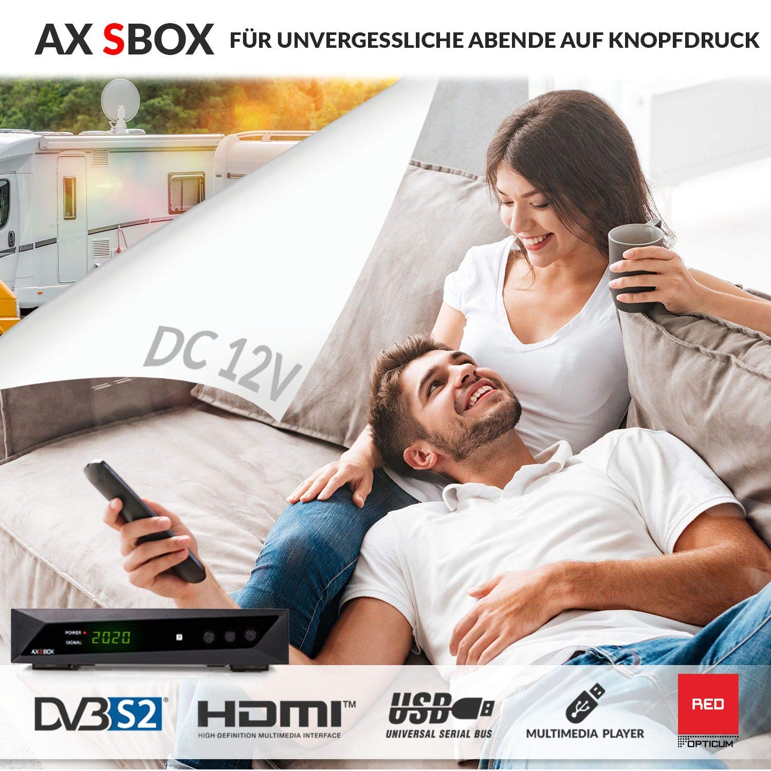 Opticum RED Sat Receiver HD für Satellitenschüssel, Satelliten Receiver Sat, 1080p, Full HD, AAC-LC Audio, HDMI, SCART, USB 2.0, Koaxial - Einkabel tauglich DOCS - AX SBOX Set + HDMI Kabel