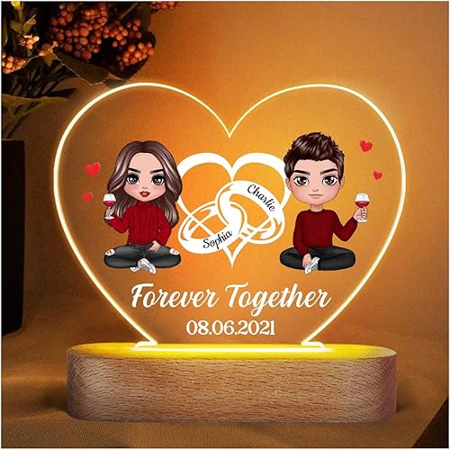 Miniatura 1 de Apeso Placa de corazón personalizada con nombre de pareja simple con luz nocturna LED, regalo del día de San Valentín (anillos de corazón para