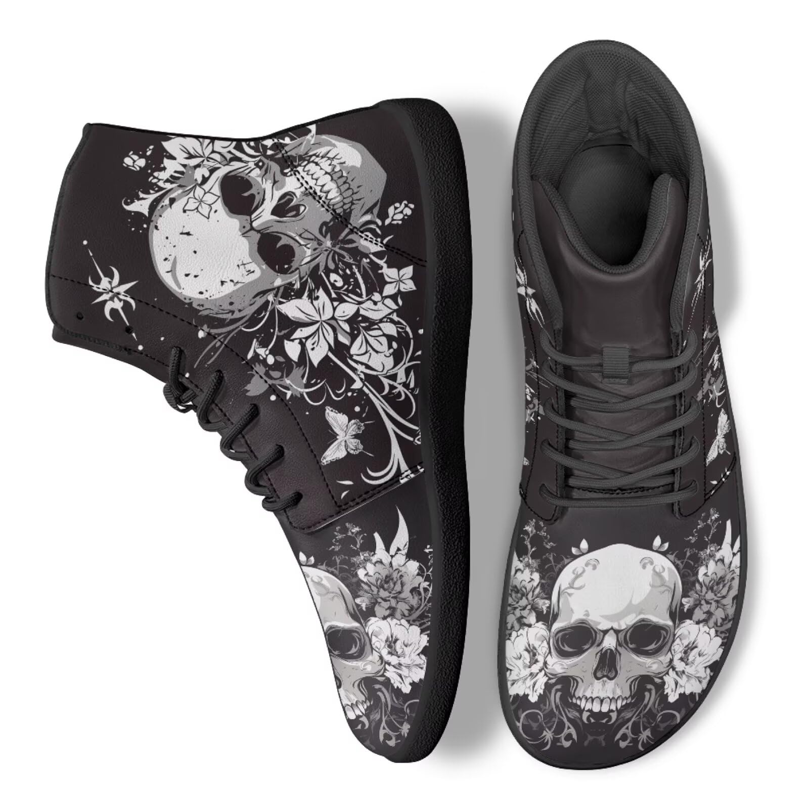 JoyLamoria Skull Platform Sneakers Casual Hi Sneakers Lace up High Top Shoes Hip Hop Gothic Leather Shoes,Black