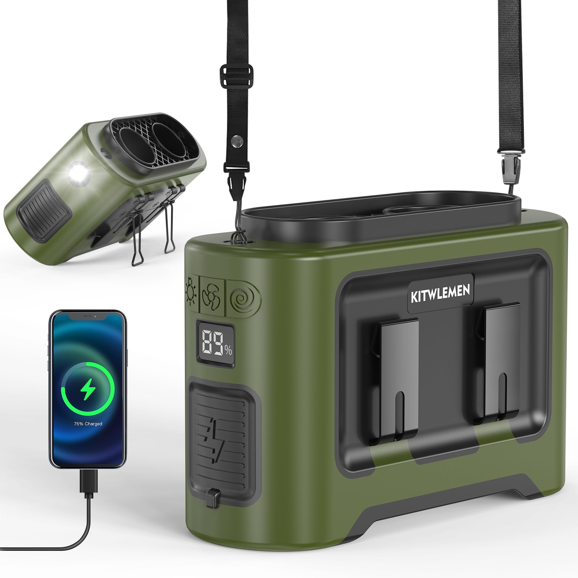 KITWLEMEN Ventilador de cintura portátil de 14500 mAh, ventilador de cinturón con clip personal, salida de aire doble, refrigeración de 5 velocidades de 35 horas, funciona con batería recargable