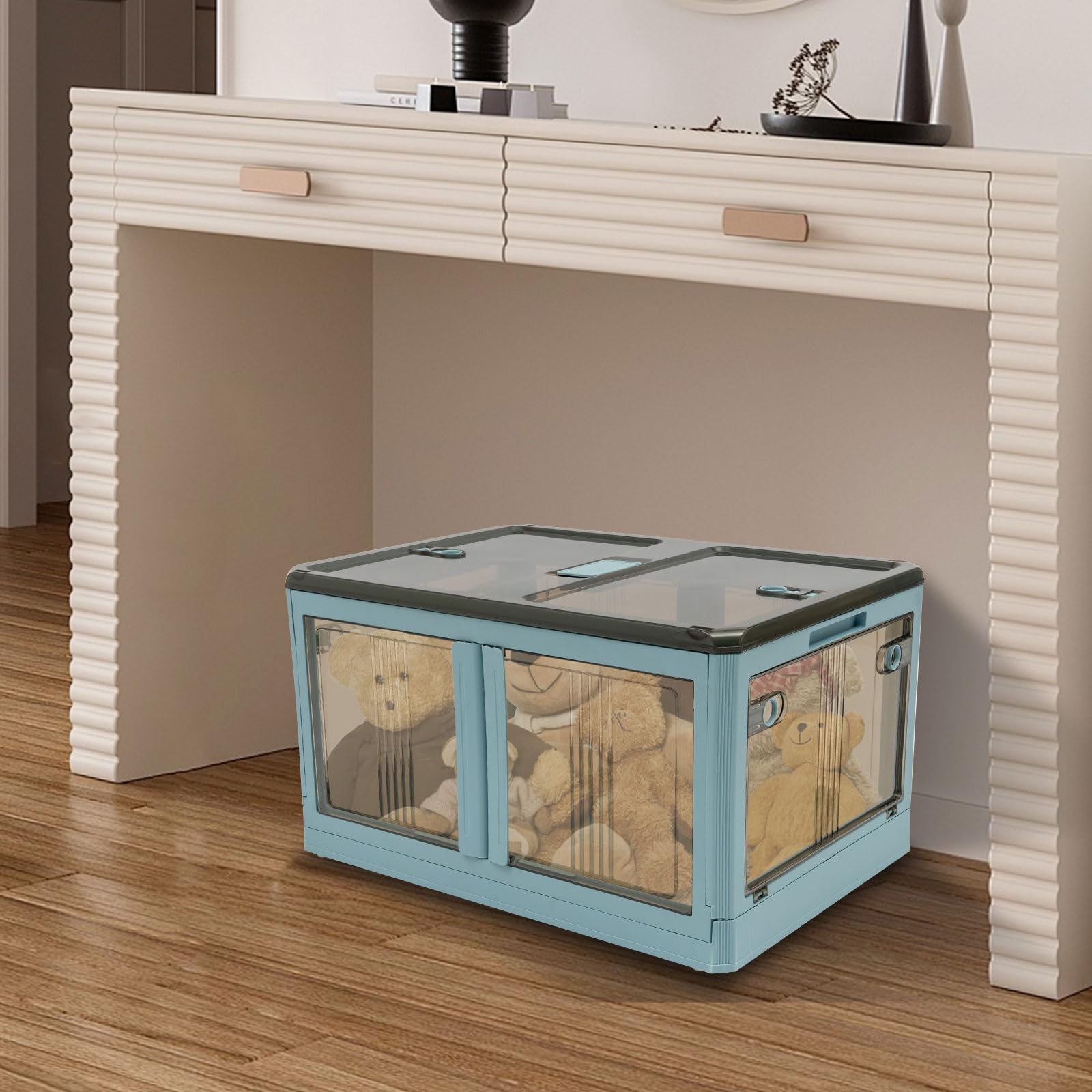 60 x 42 x 34 cm, caja de almacenamiento plegable, apilable, con tapa, transparente, estable, cesta de la compra apilable, cesta de transporte de plástico natural, cesta plegable para habitaciones y