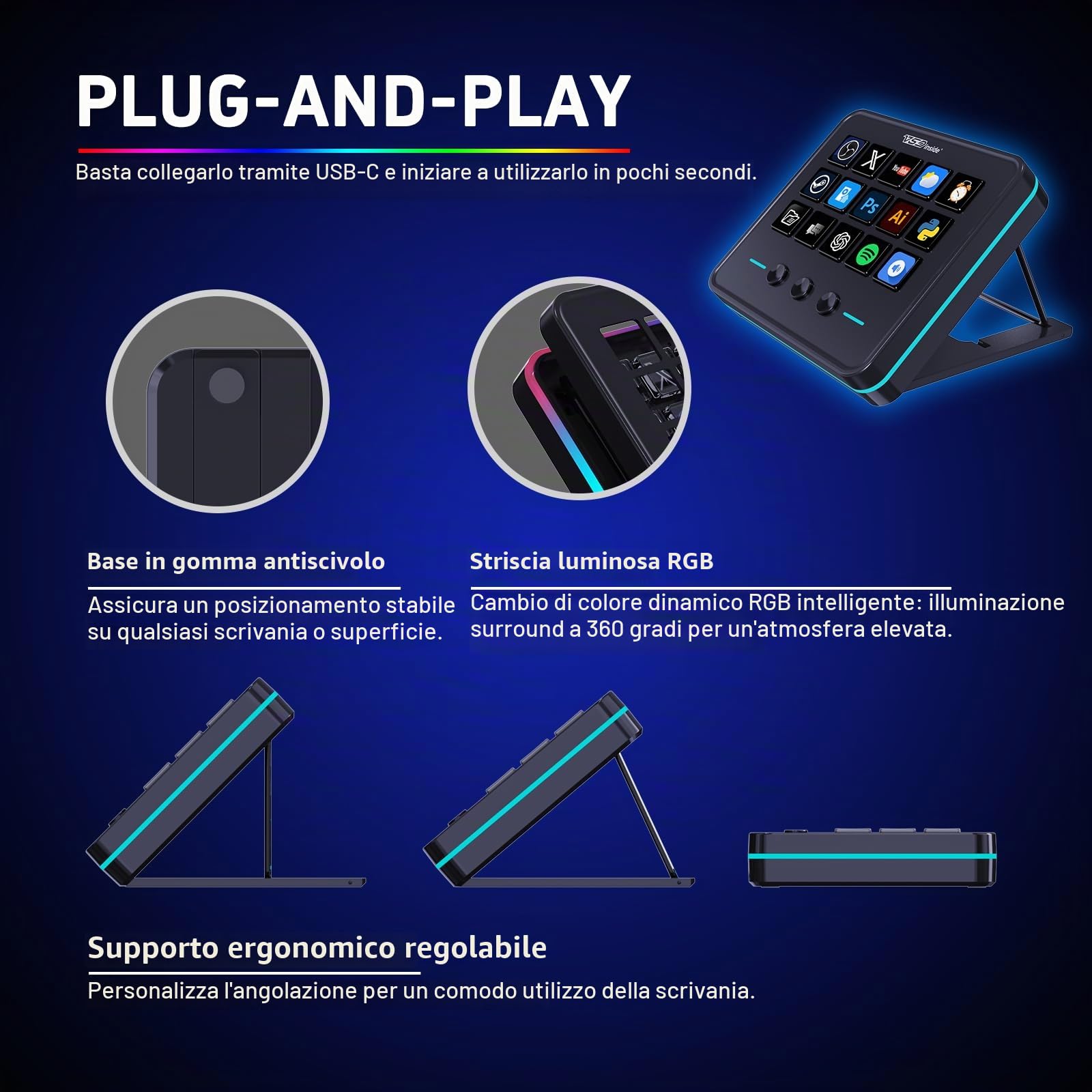 Tastiera macro, controller di flusso con 18 tasti programmabili, pad AI visivo personalizzabile, scheda audio USB per OBS, YouTube, scrivania ufficio, laptop, PC, Mac