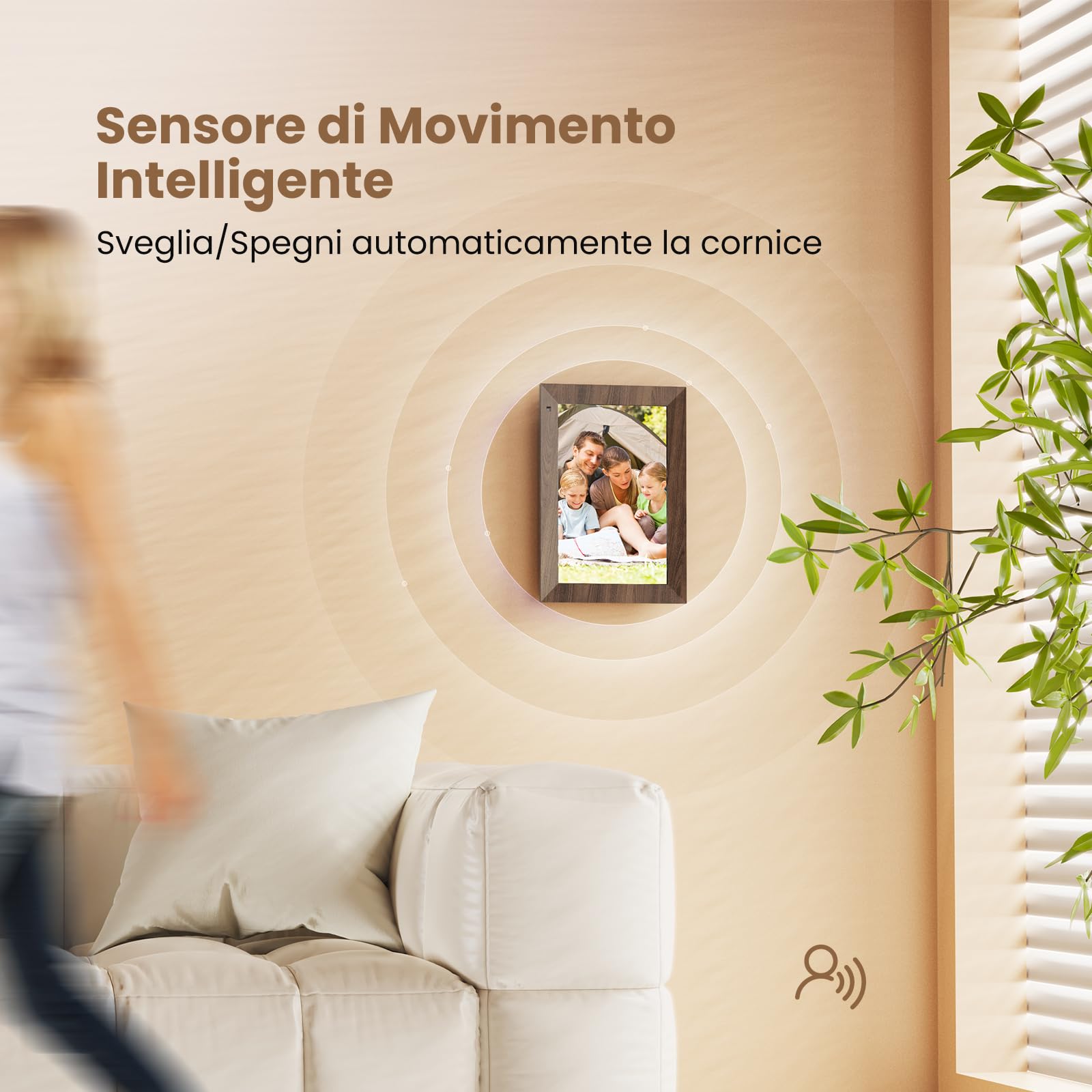 Marco de Fotos Digital WiFi 10.1 Pulgadas SONVGOO, Pantalla táctil IPS HD de 1280×800 con 32 GB, Sensor de Movimiento, Montaje en Pared, Comparte Videos y Fotos con La Aplicación FRAMEO, Marrón Madera