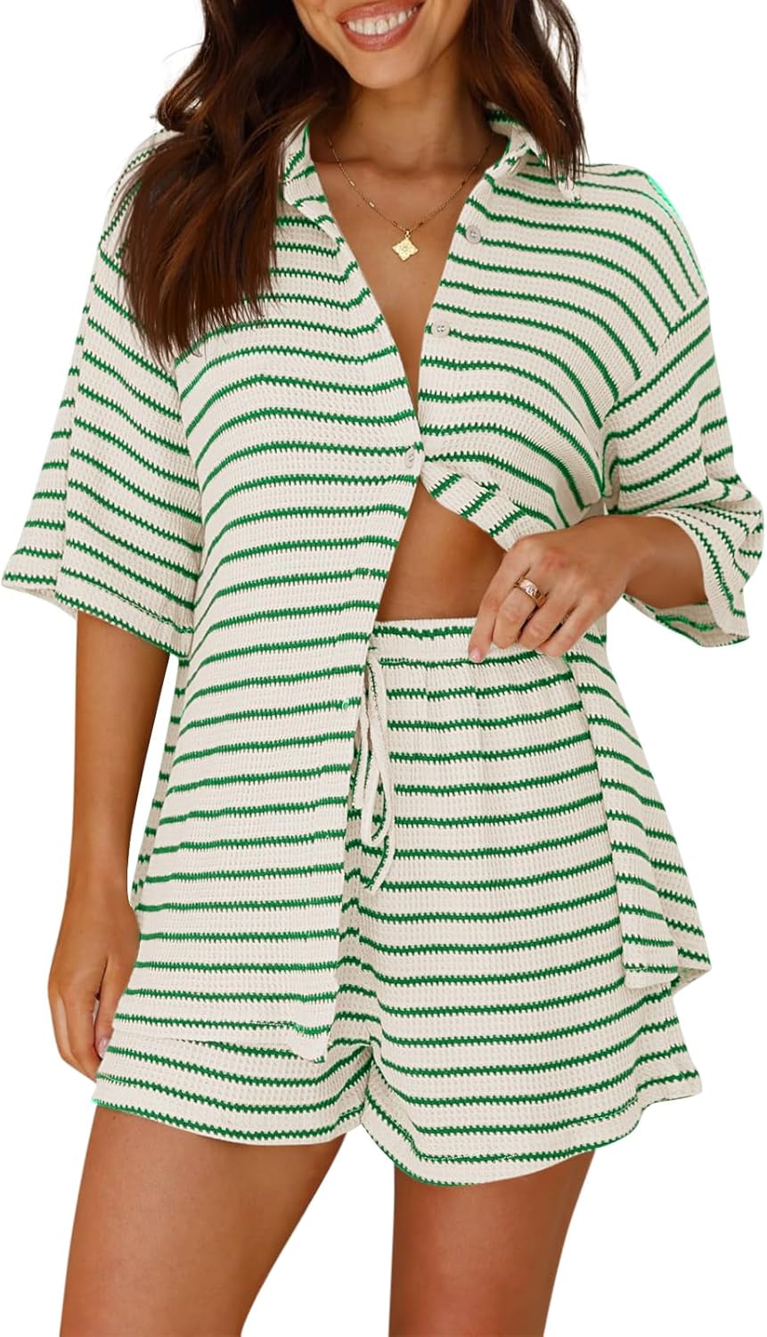 Tankaneo Womens Striped 2 Piece Sets Short Sleeve Button Down Shirt and Shorts Waffle Knit Pajama Lounge Set Summer Outfits