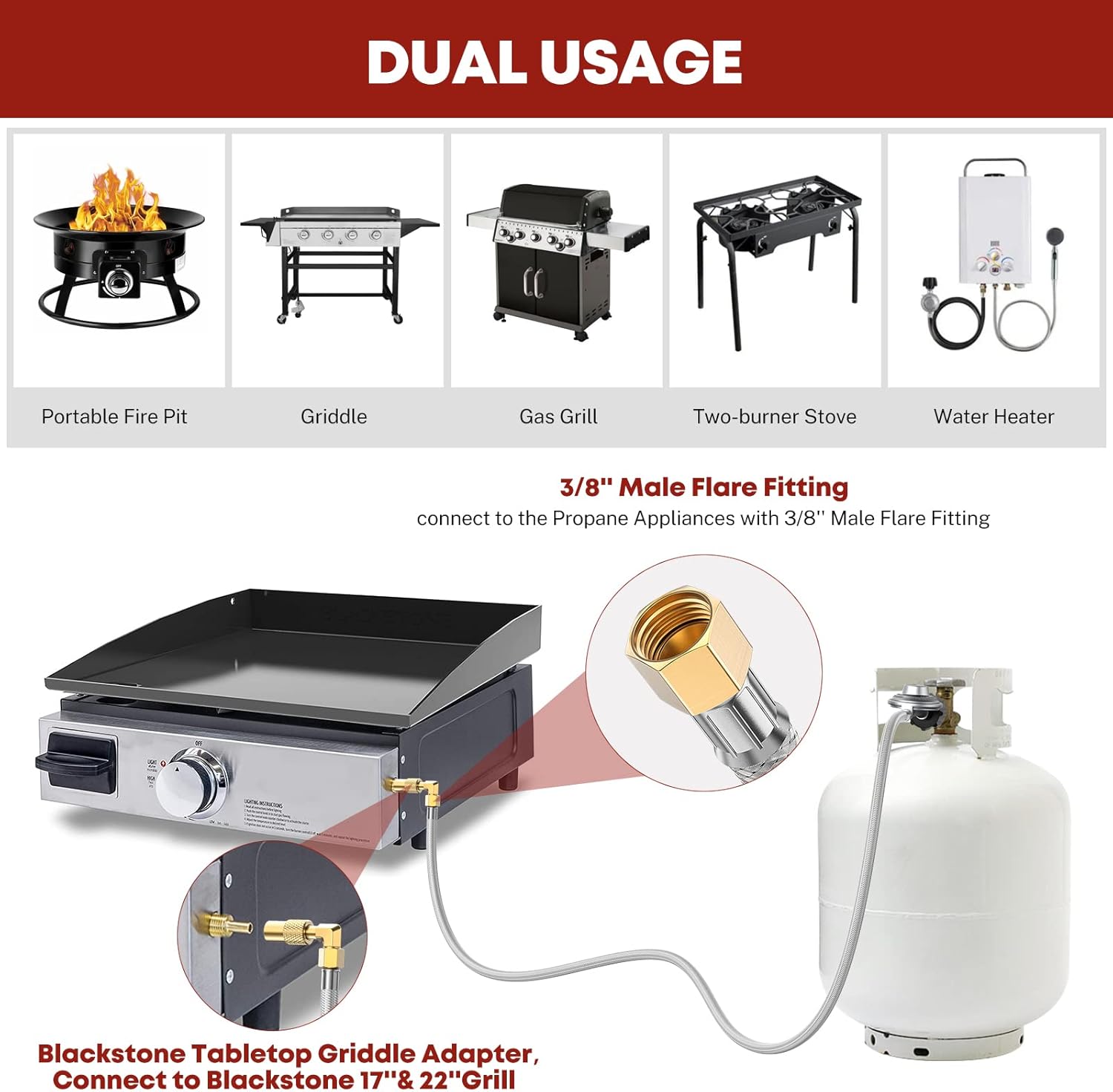 5FT Low Pressure Griddle Propane Adapter Hose with Regulator, Gas Grill Regulator and Hose, Gas Conversion Kit, Durable Braided Hose, Propane Tank Adapter for 17" and 22" Blackstone Griddle