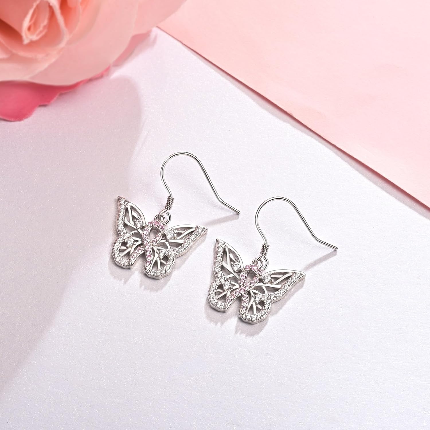 Breast Cancer Awareness Earrings 925 Sterling Sliver Dragonfly Butterfly Breast Cancer Survivor Encouragement Jewelry Gifts for Women